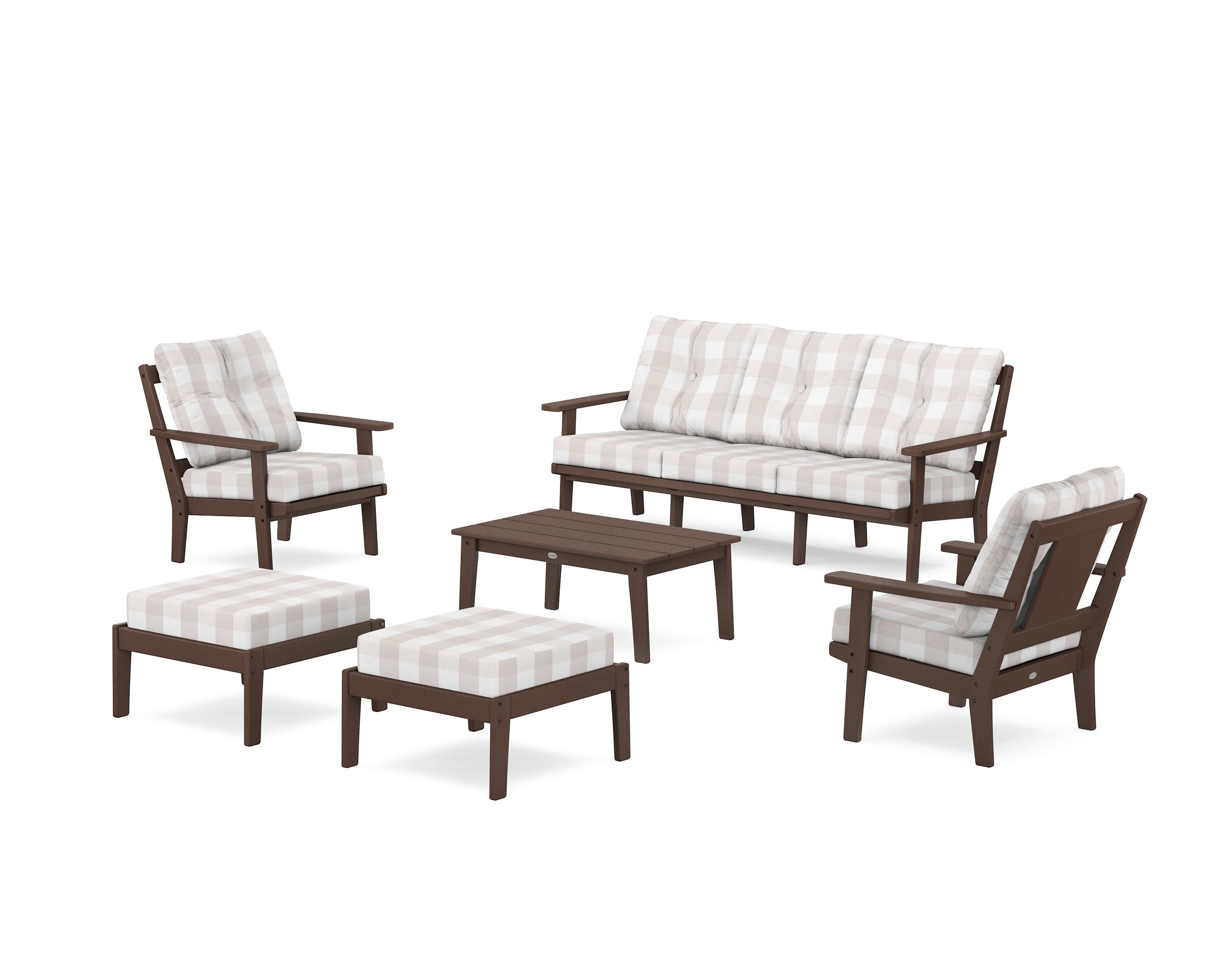 Prairie 6-Piece Lounge Sofa Set in Mahogany / Buffalo Plaid Dune Burlap
