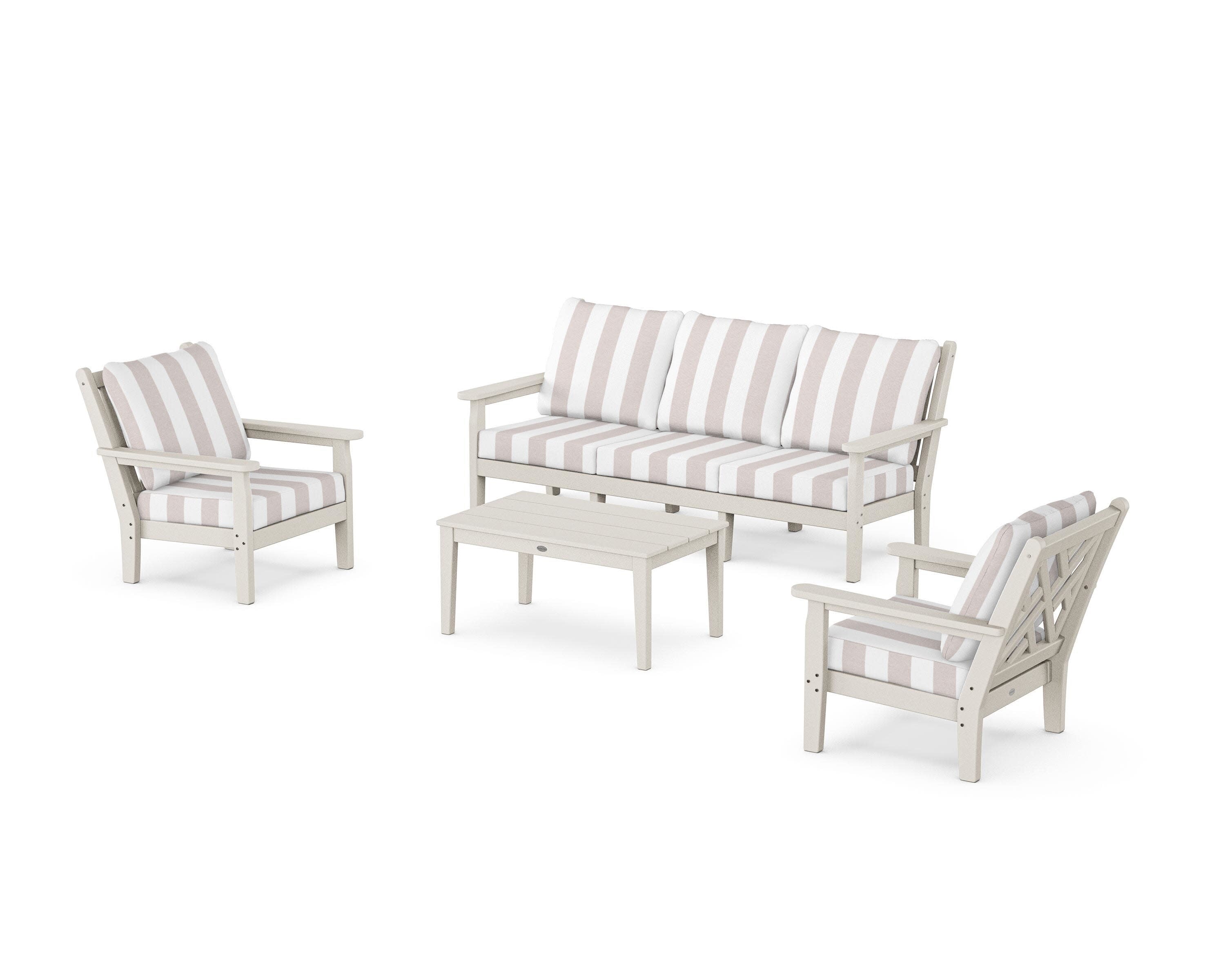 Chippendale 4-Piece Deep Seating Set with Sofa in Sand / Cabana Stripe Dune Burlap