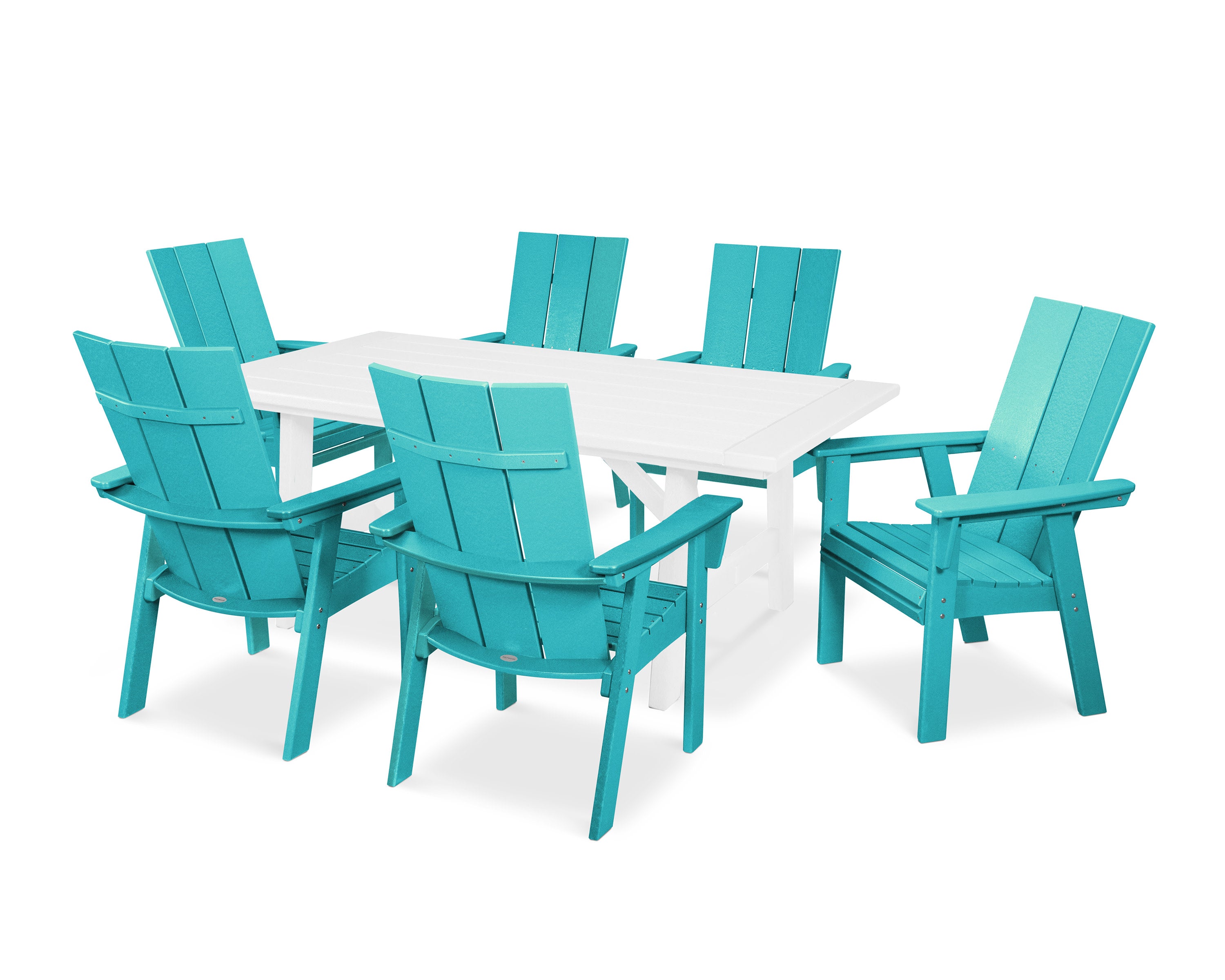 Modern Curveback Adirondack 7-Piece Rustic Farmhouse Dining Set in Aruba / White