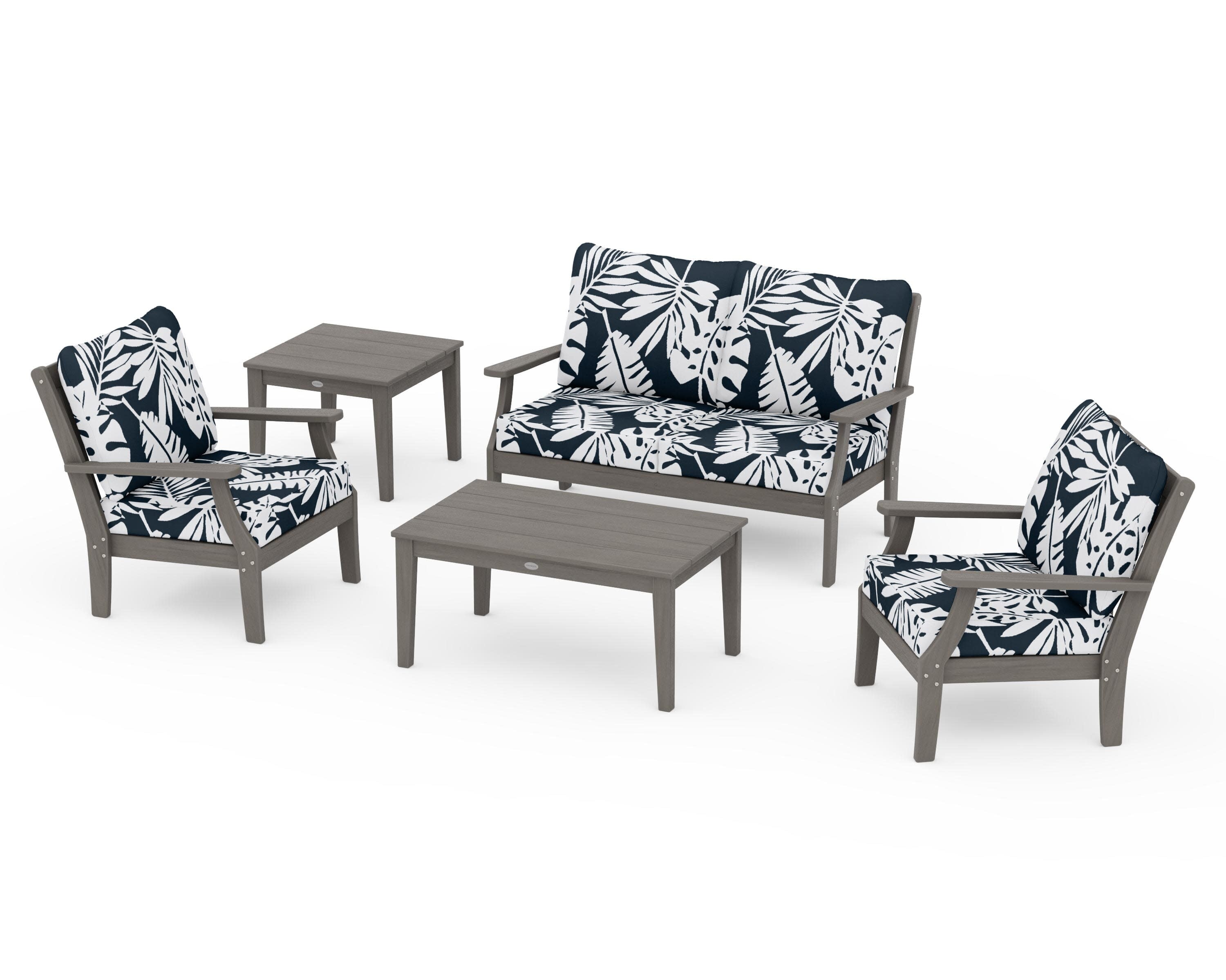Braxton 5-Piece Deep Seating Set in Driftwood / Leaf Marine Indigo