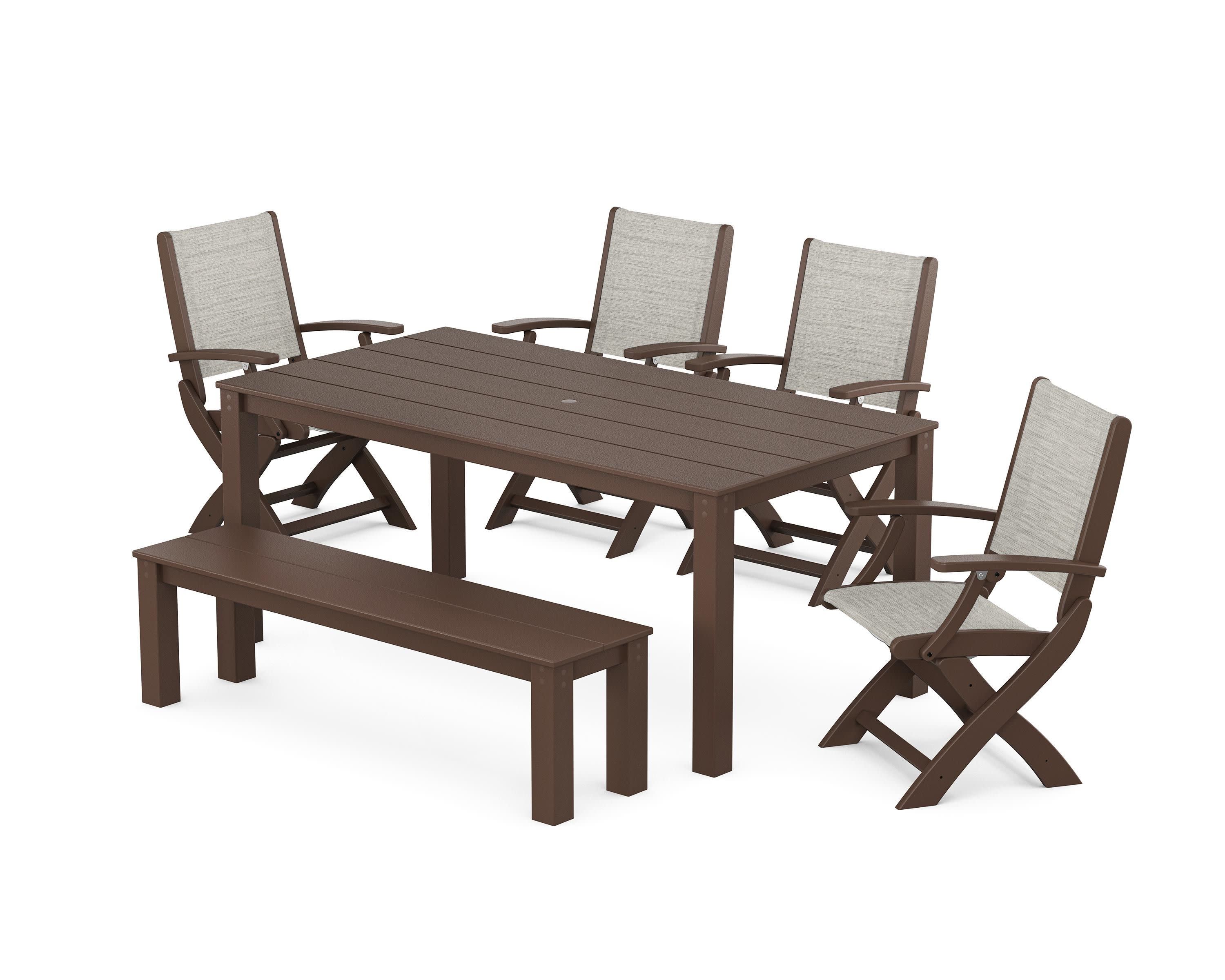 Coastal Folding Chair 6-Piece Parsons Dining Set with Bench in Mahogany / Birch Sling