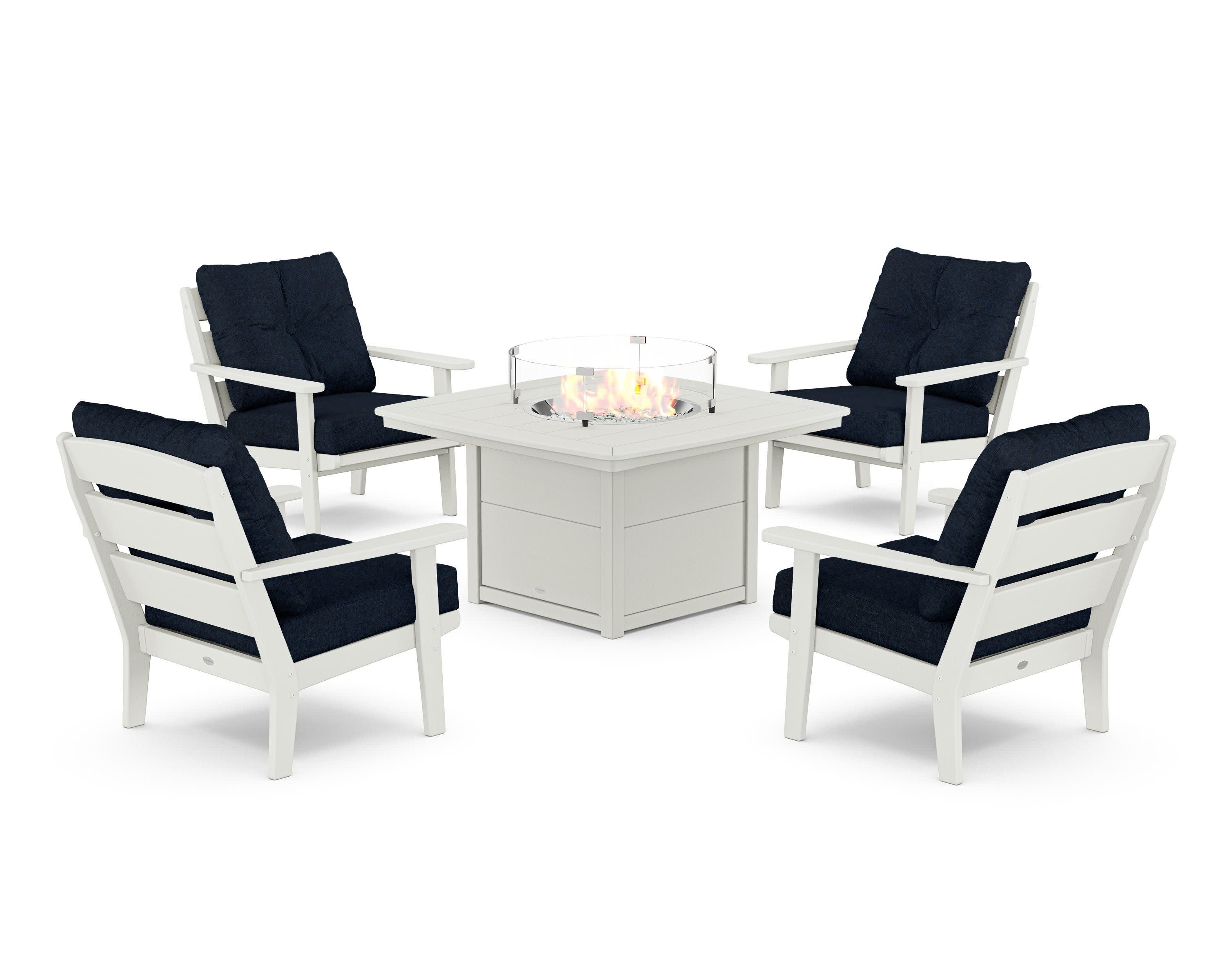 Lakeside 5-Piece Deep Seating Set with Nautical Fire Pit Table in Vintage White / Marine Indigo