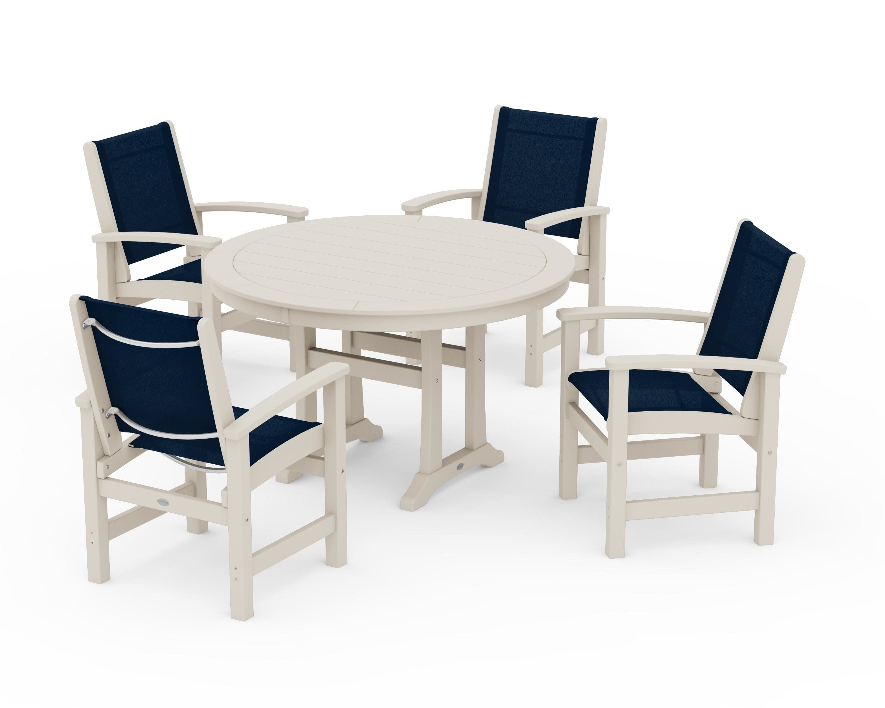Coastal 5-Piece Round Dining Set with Trestle Legs in Sand / Navy Blue Sling