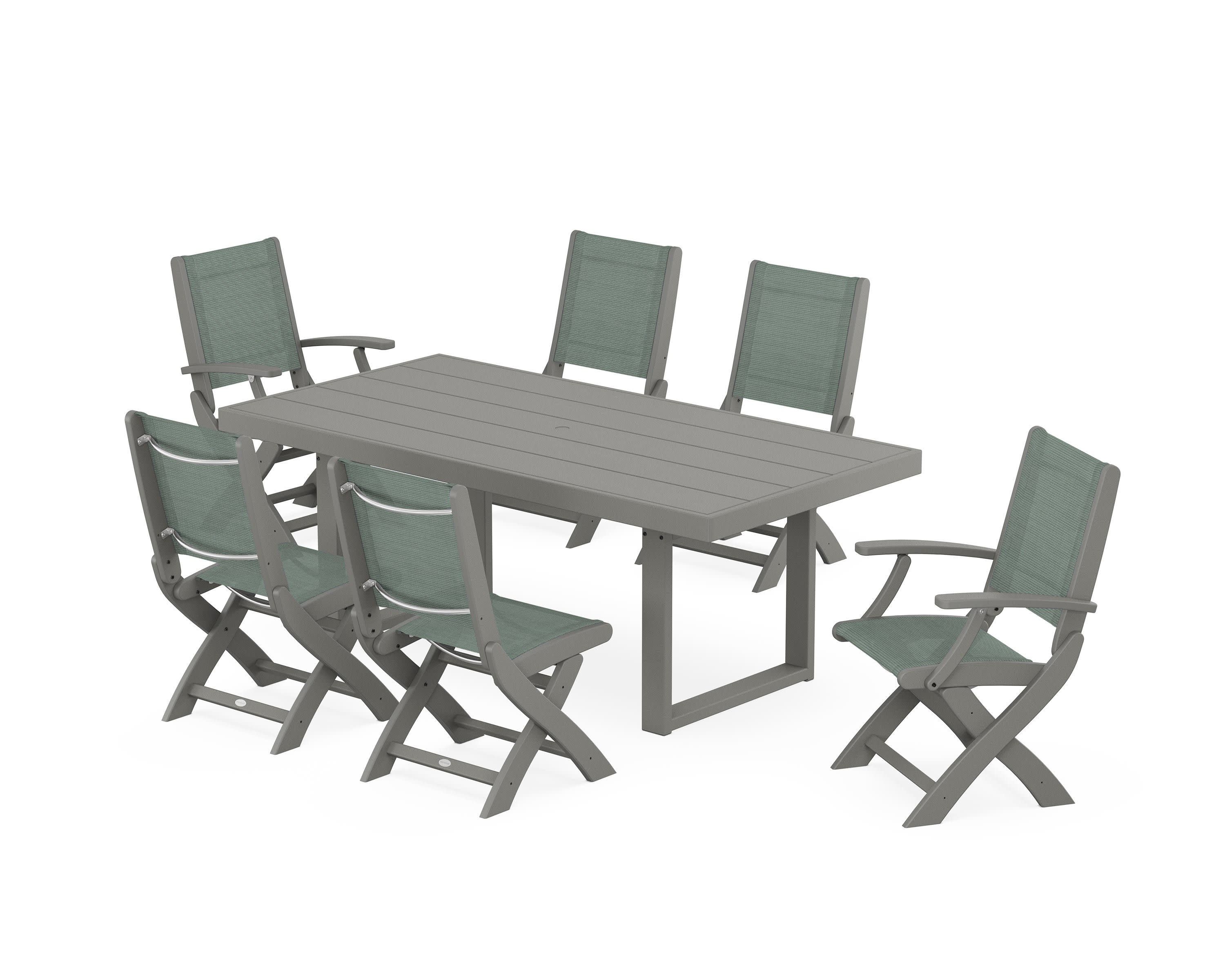 Coastal Folding Chair 7-Piece Dining Set with Trestle Legs in Slate Grey / Dupioni Sea Mist Sling