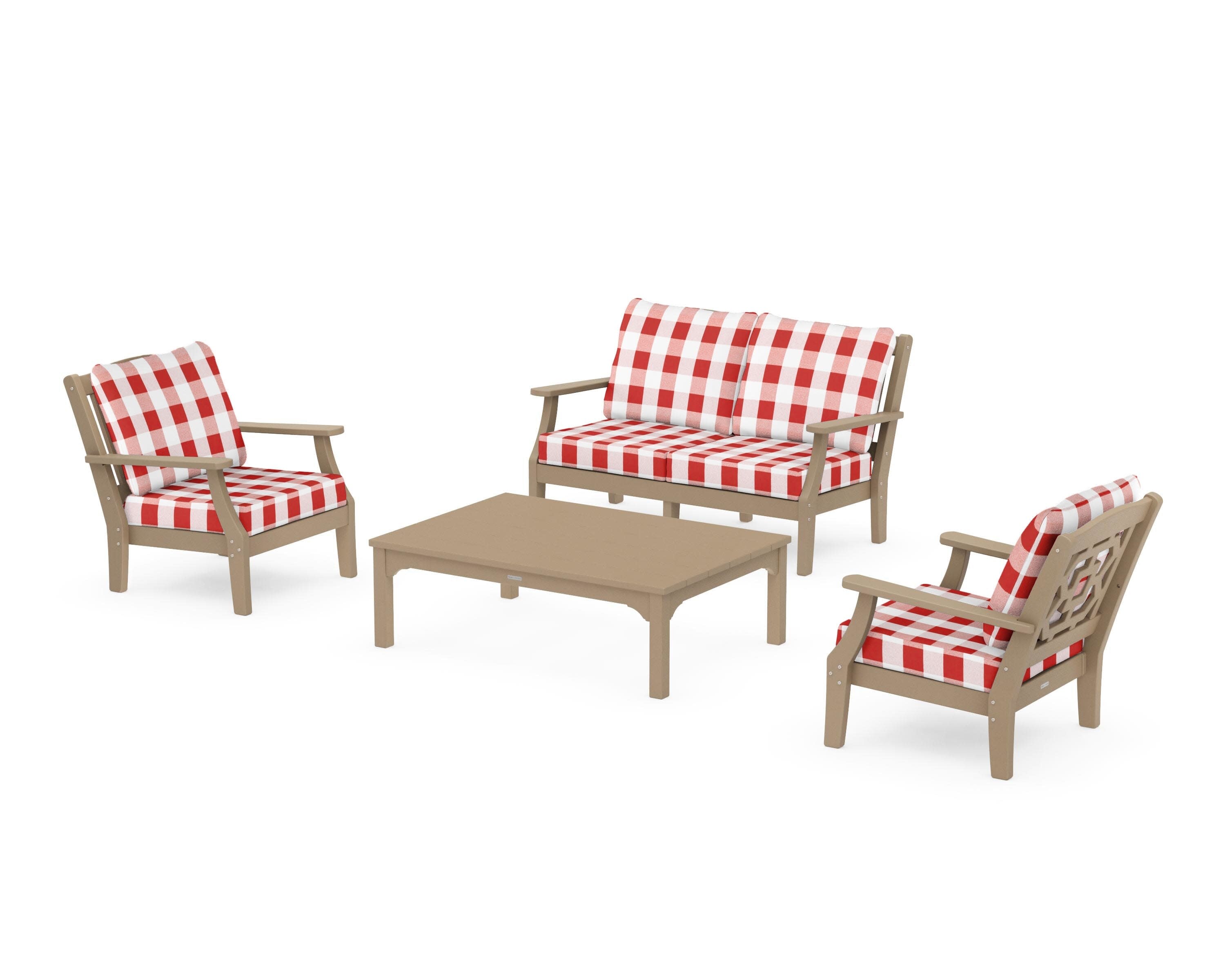 Chinoiserie 4-Piece Deep Seating Set with Loveseat in Vintage Sahara / Buffalo Plaid Crimson