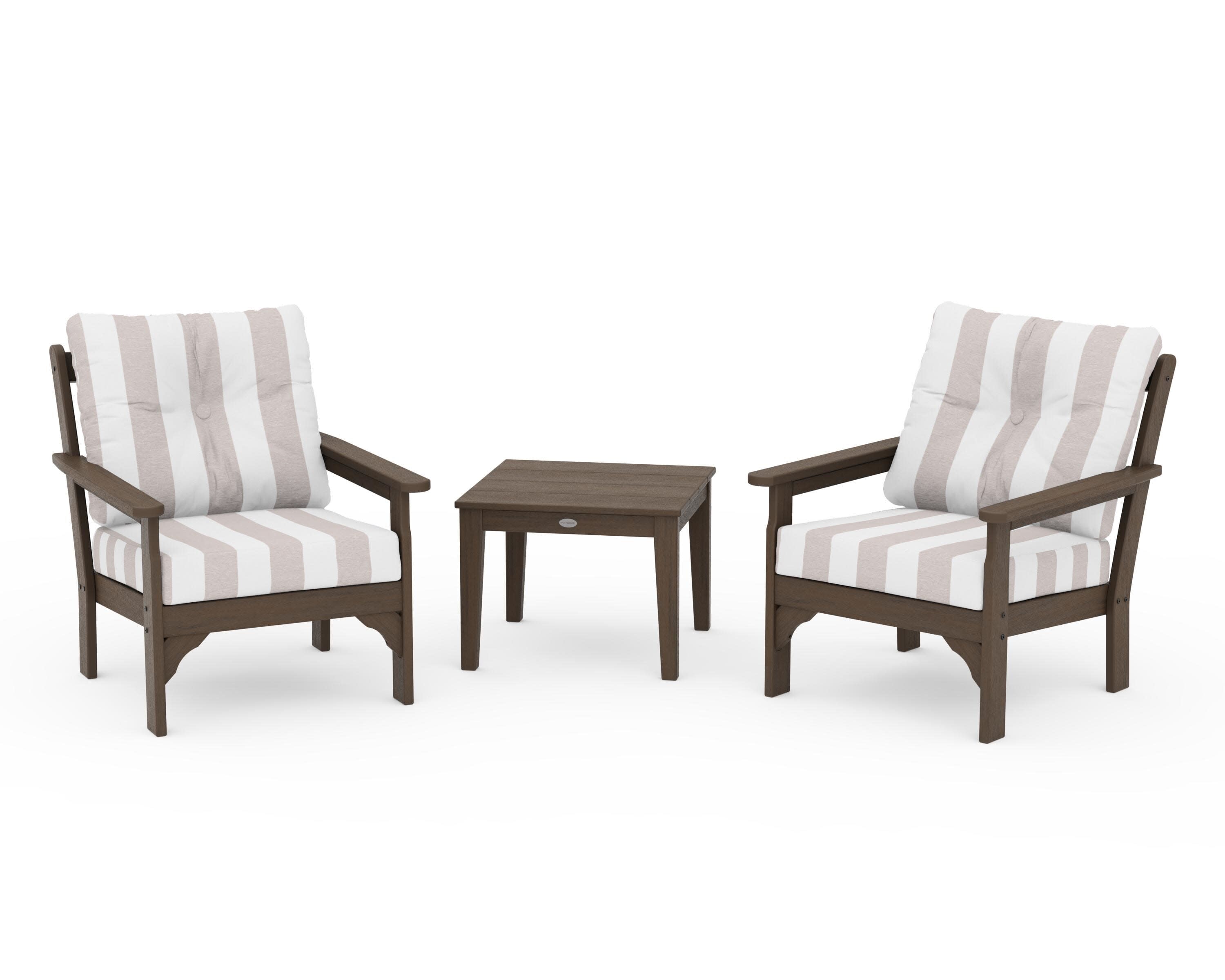 Vineyard 3-Piece Deep Seating Set in Kona / Cabana Stripe Dune Burlap