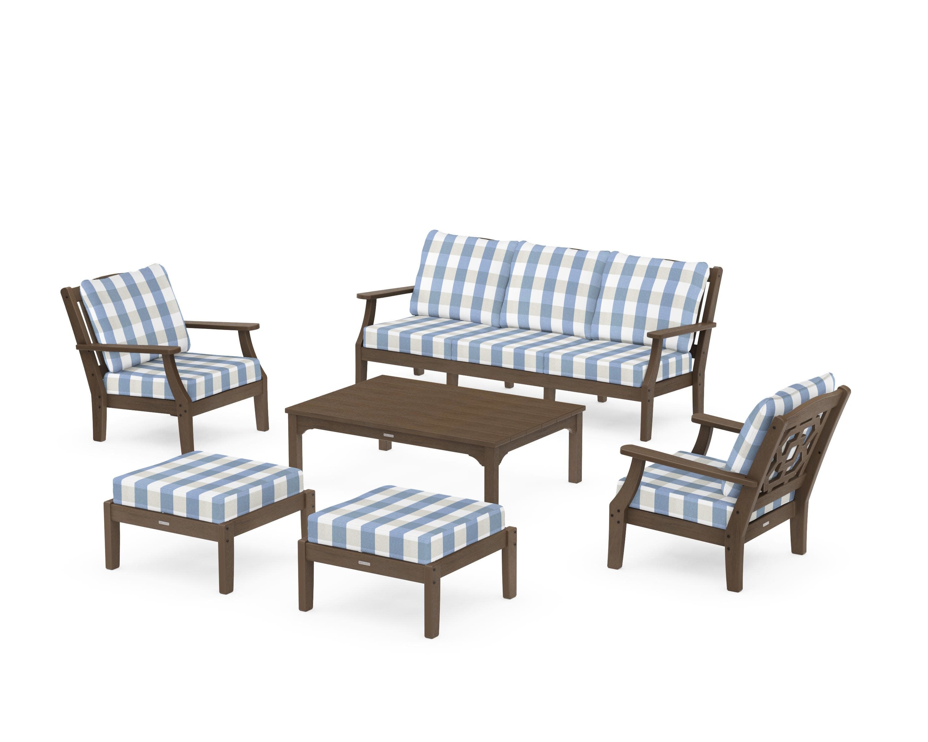 Chinoiserie 6-Piece Lounge Sofa Set in Kona / Buffalo Plaid Sky Blue