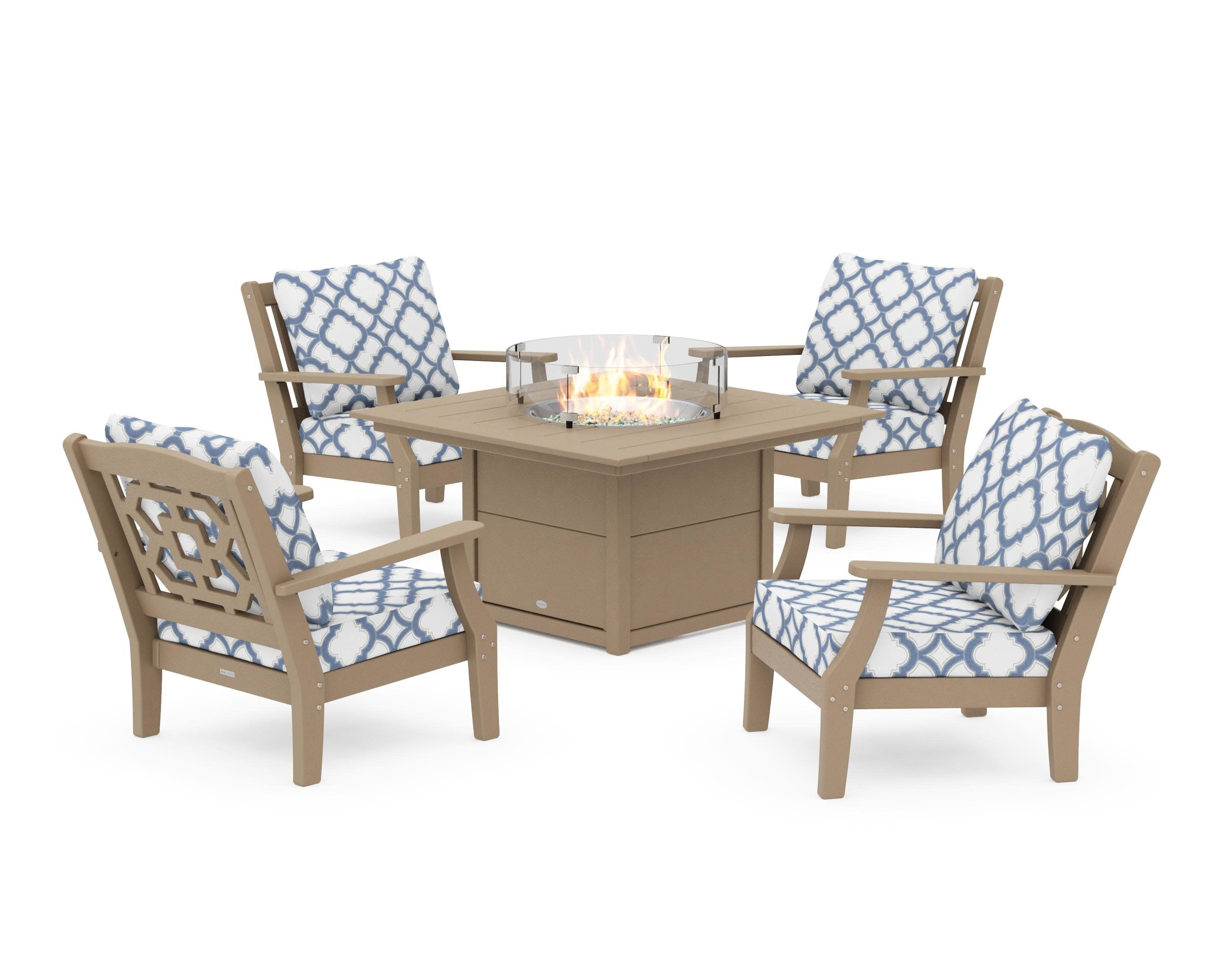 Chinoiserie 5-Piece Deep Seating Set with Fire Pit Table in Vintage Sahara / Trellis Sky Blue