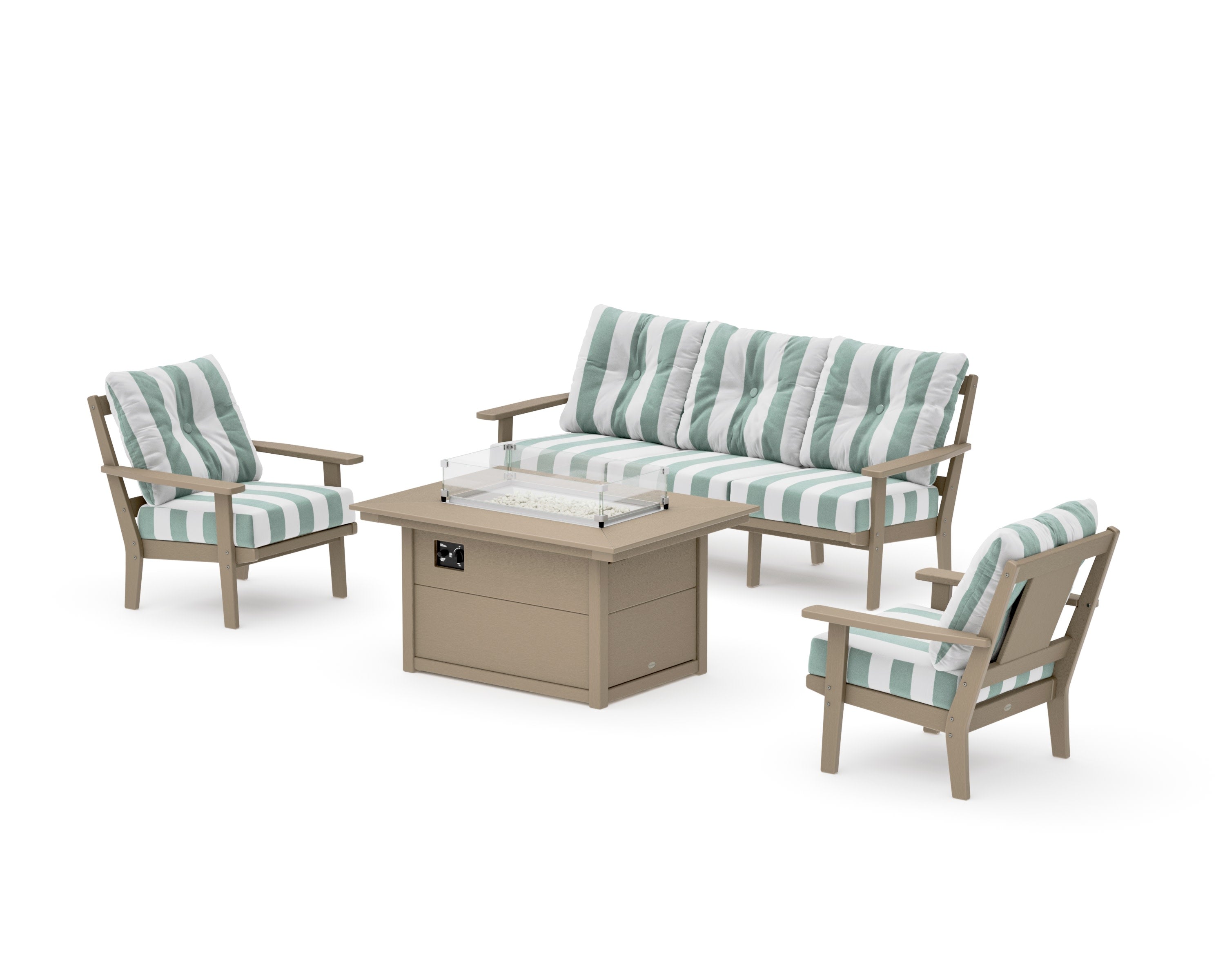 Prairie Deep Seating Fire Pit Table Set in Vintage Sahara / Cabana Stripe Glacier Spa