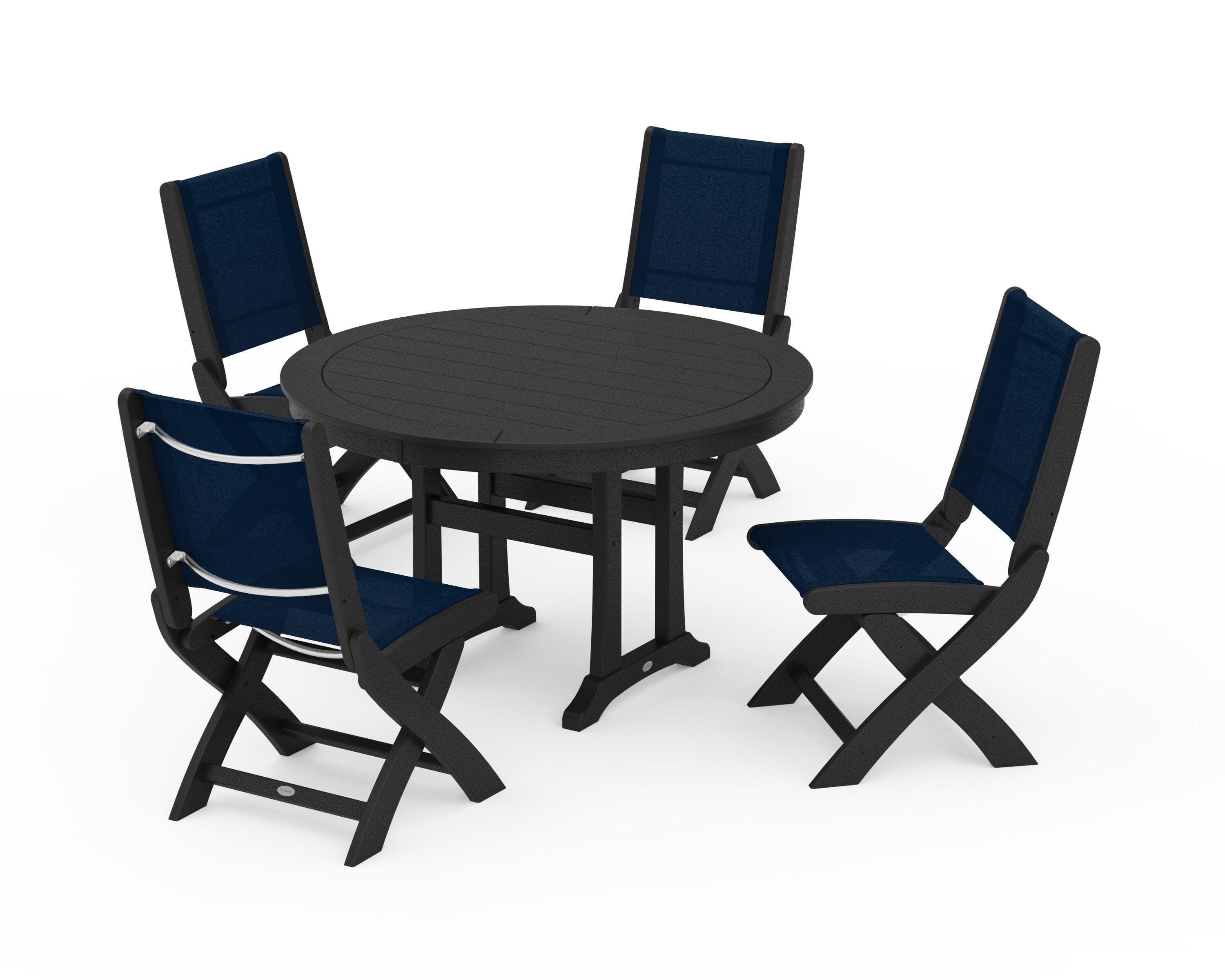 Coastal Folding Side Chair 5-Piece Round Dining Set With Trestle Legs in Black / Navy Blue Sling