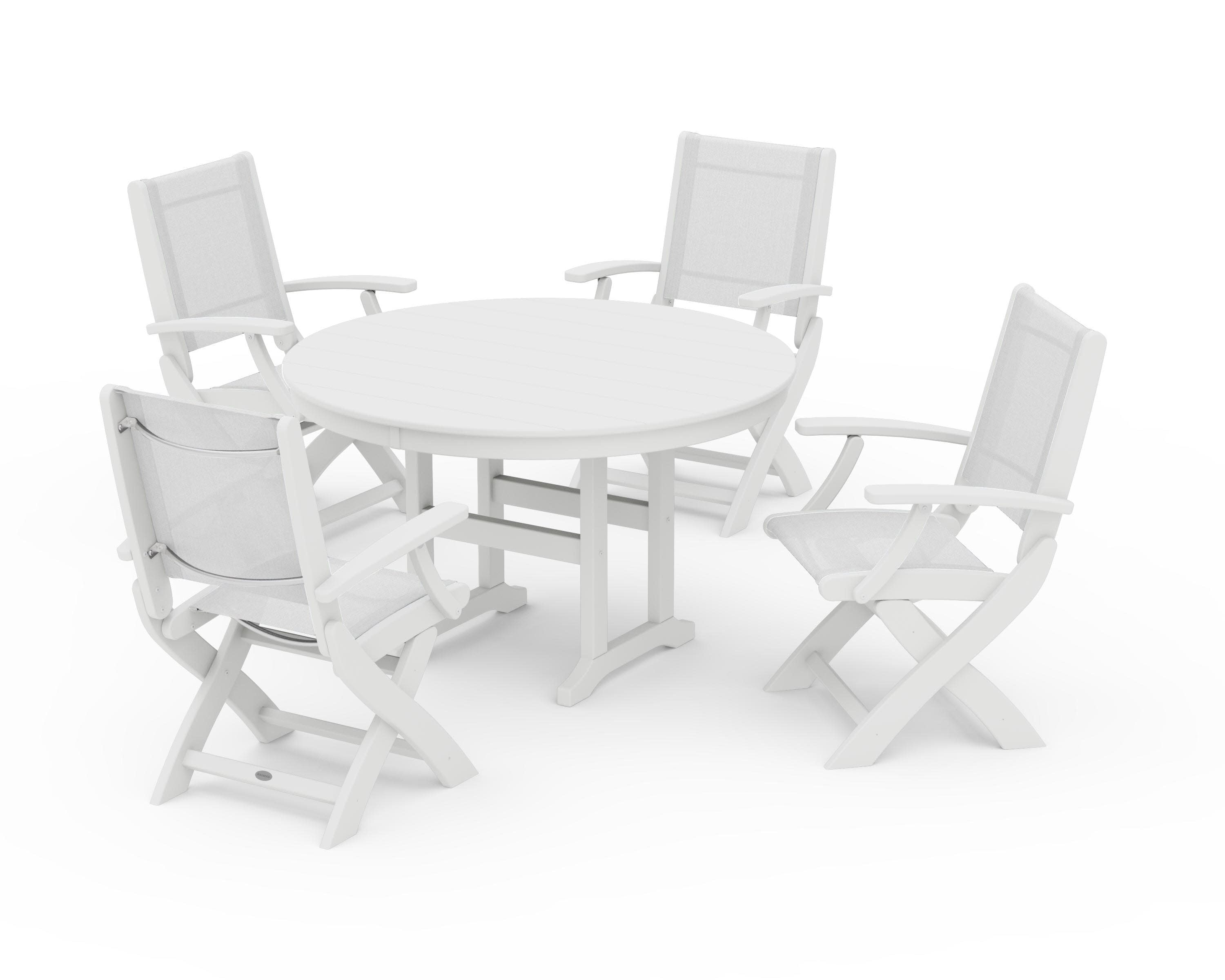 Coastal Folding Chair 5-Piece Round Dining Set in White / White Sling