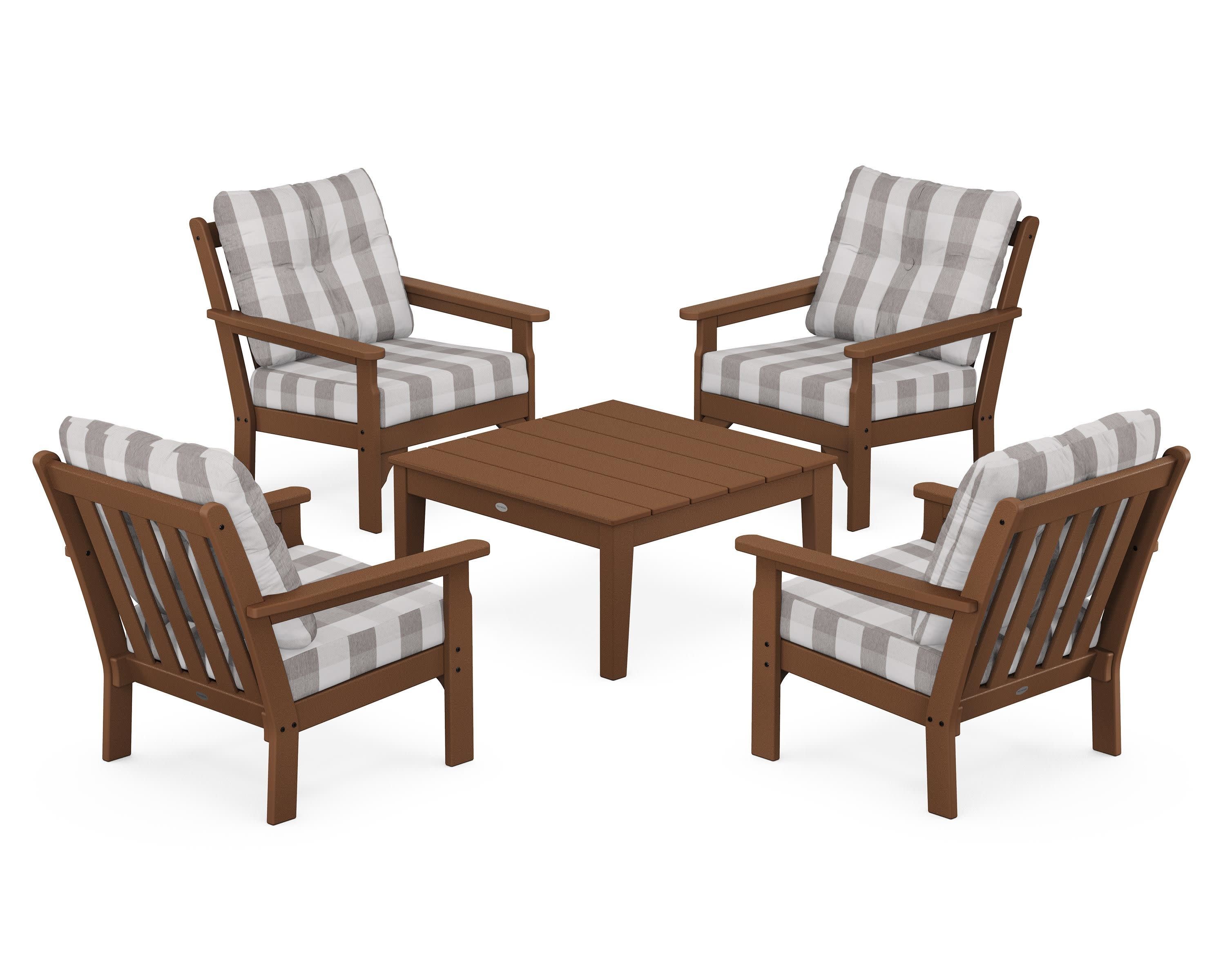Vineyard 5-Piece Deep Seating Conversation Set in Teak / Buffalo Plaid Grey Mist