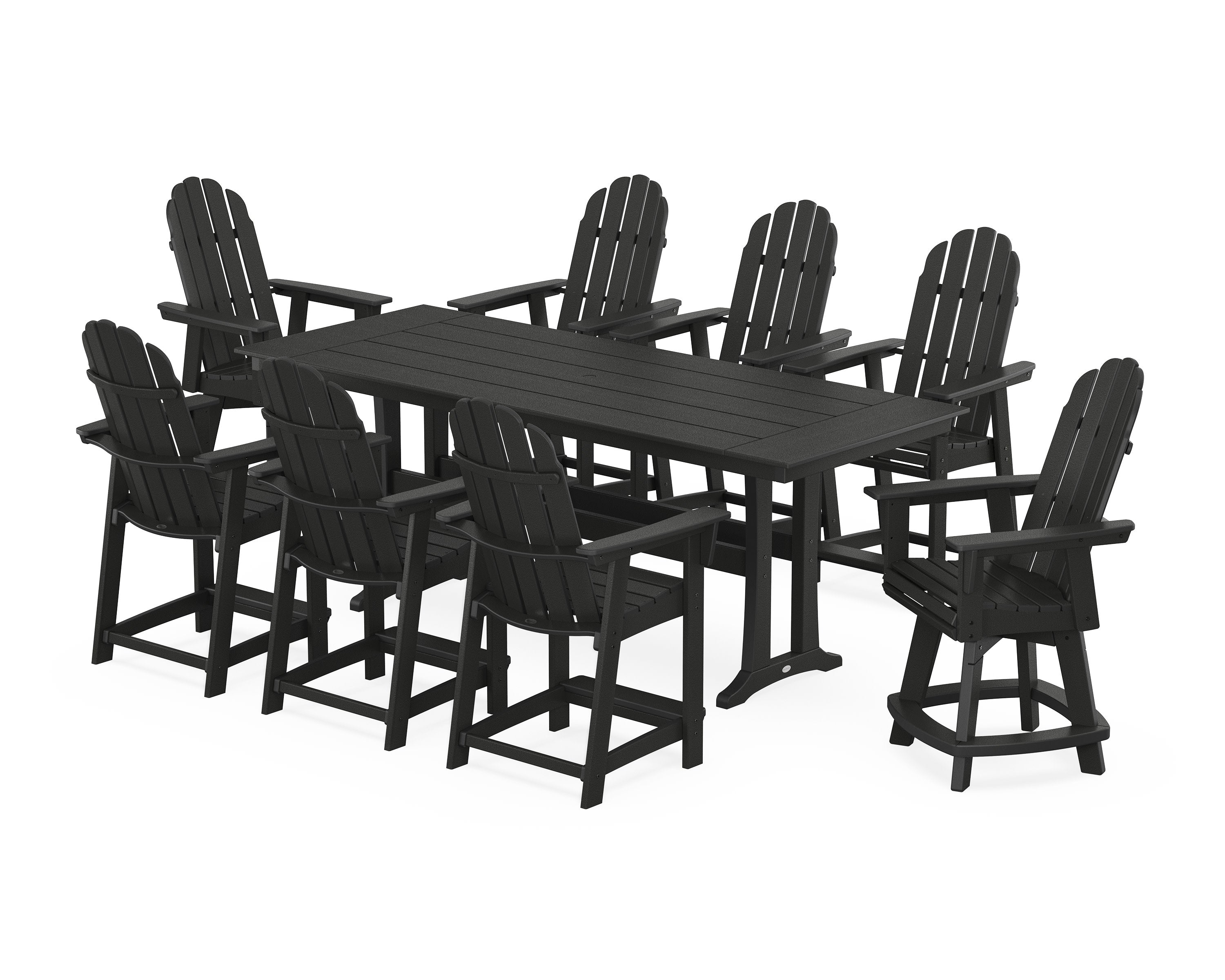 Vineyard Curveback Adirondack Swivel 9-Piece Farmhouse Counter Set with Trestle Legs in Black
