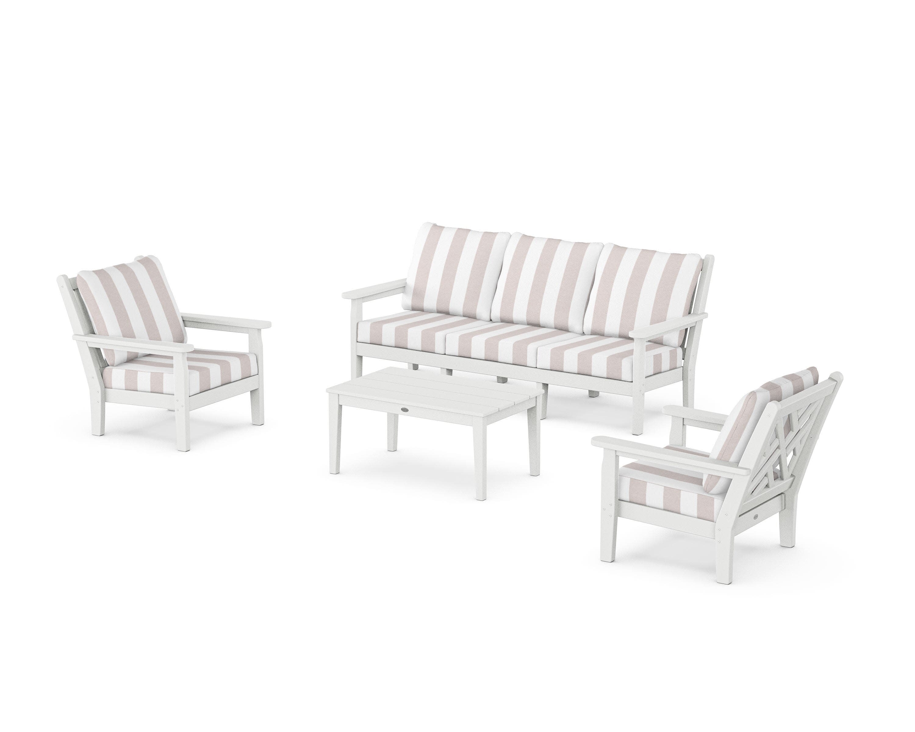 Chippendale 4-Piece Deep Seating Set with Sofa in White / Cabana Stripe Dune Burlap