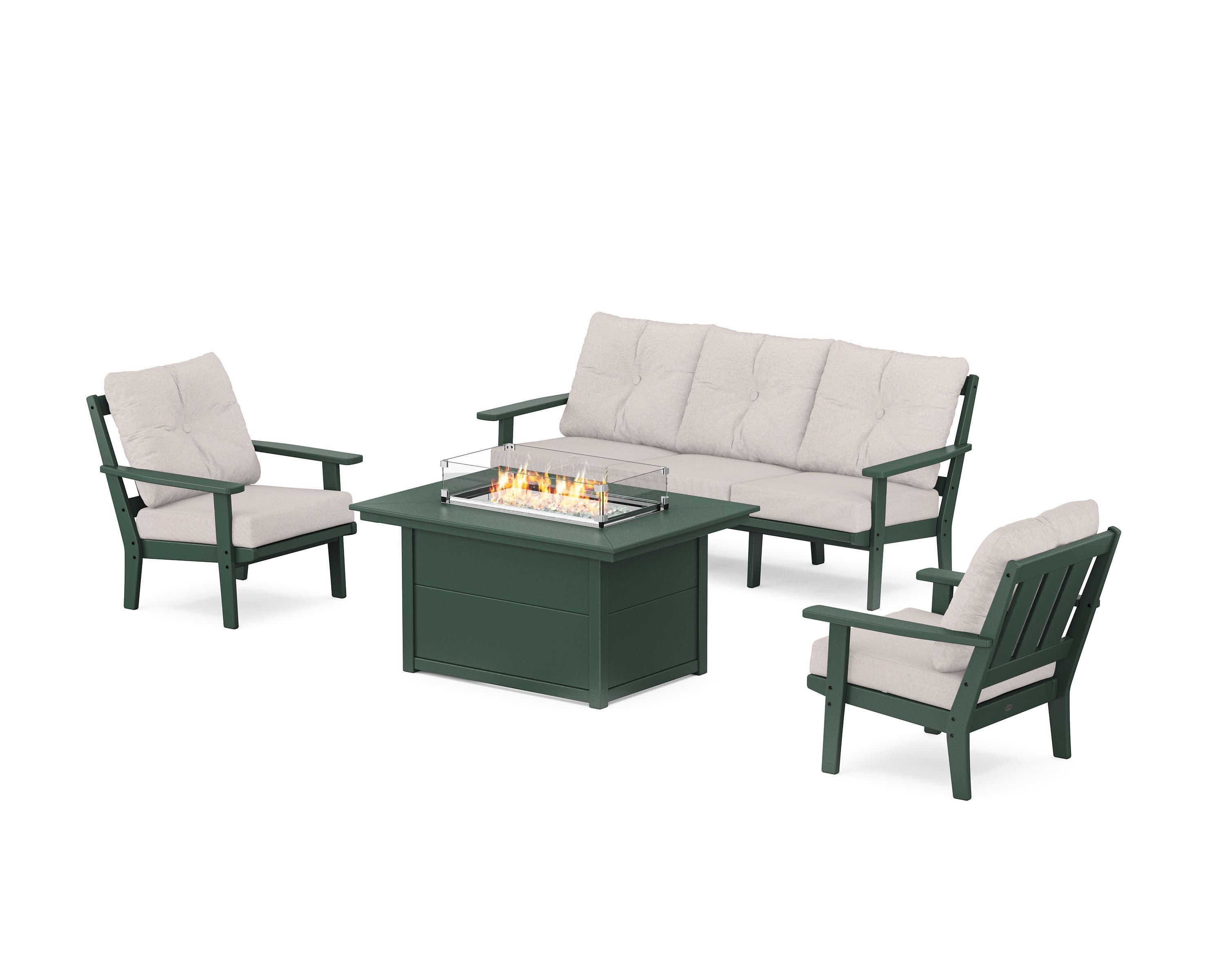 Oxford Deep Seating Fire Pit Table Set in Green / Dune Burlap