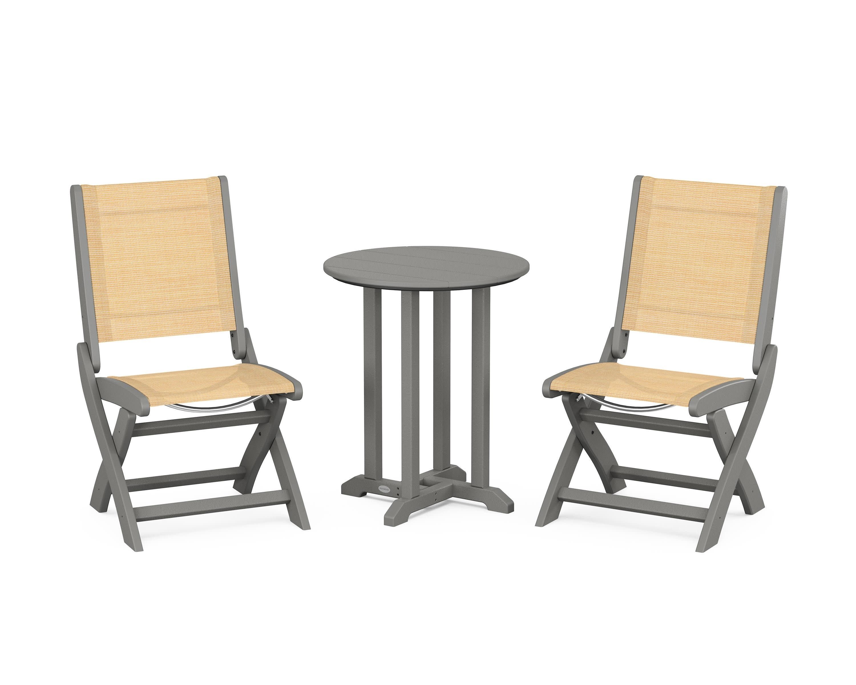 Coastal Folding Side Chair 3-Piece Round Bistro Dining Set in Slate Grey / Dupioni Apricot Sling