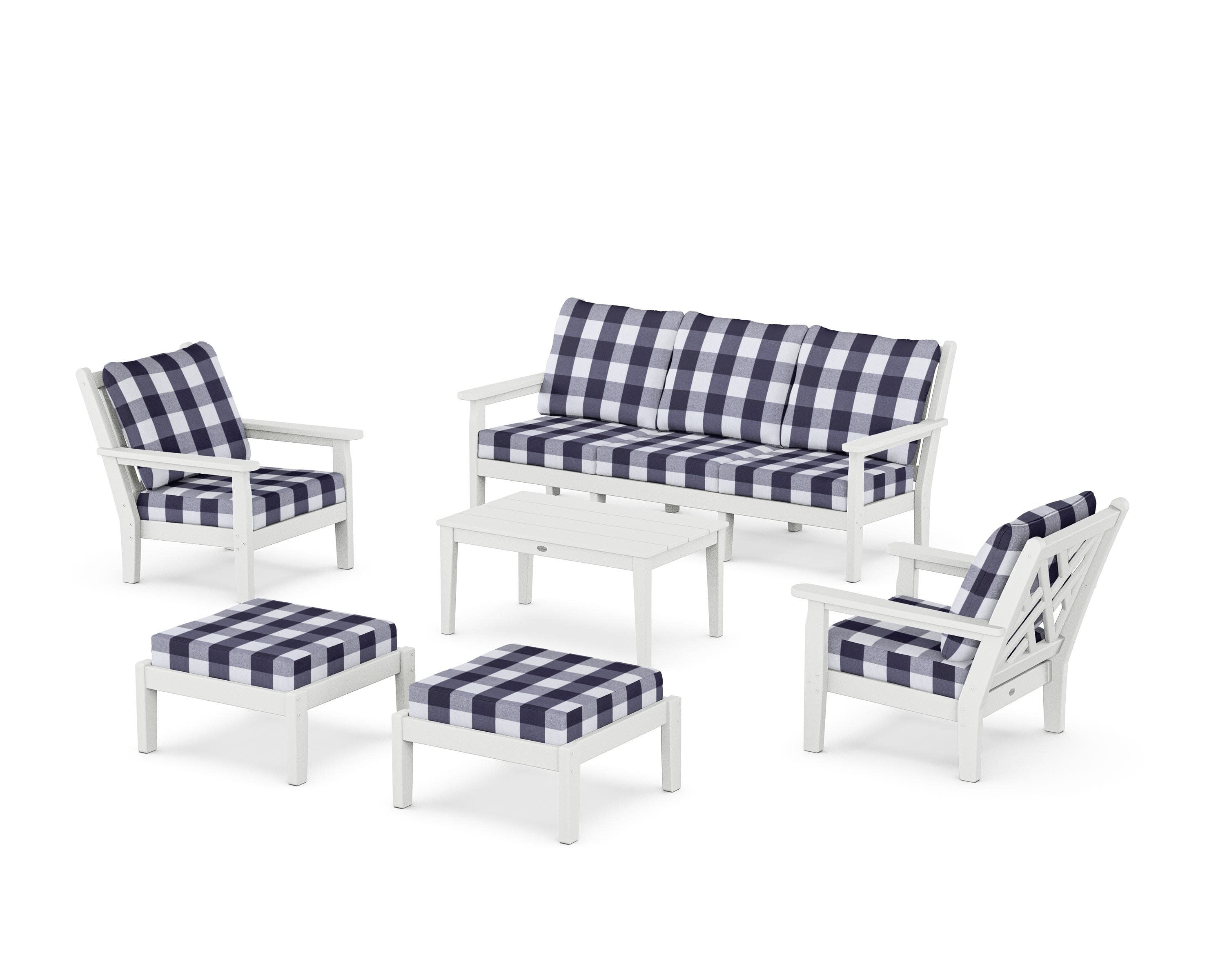 Chippendale 6-Piece Lounge Sofa Set in White / Buffalo Plaid Navy