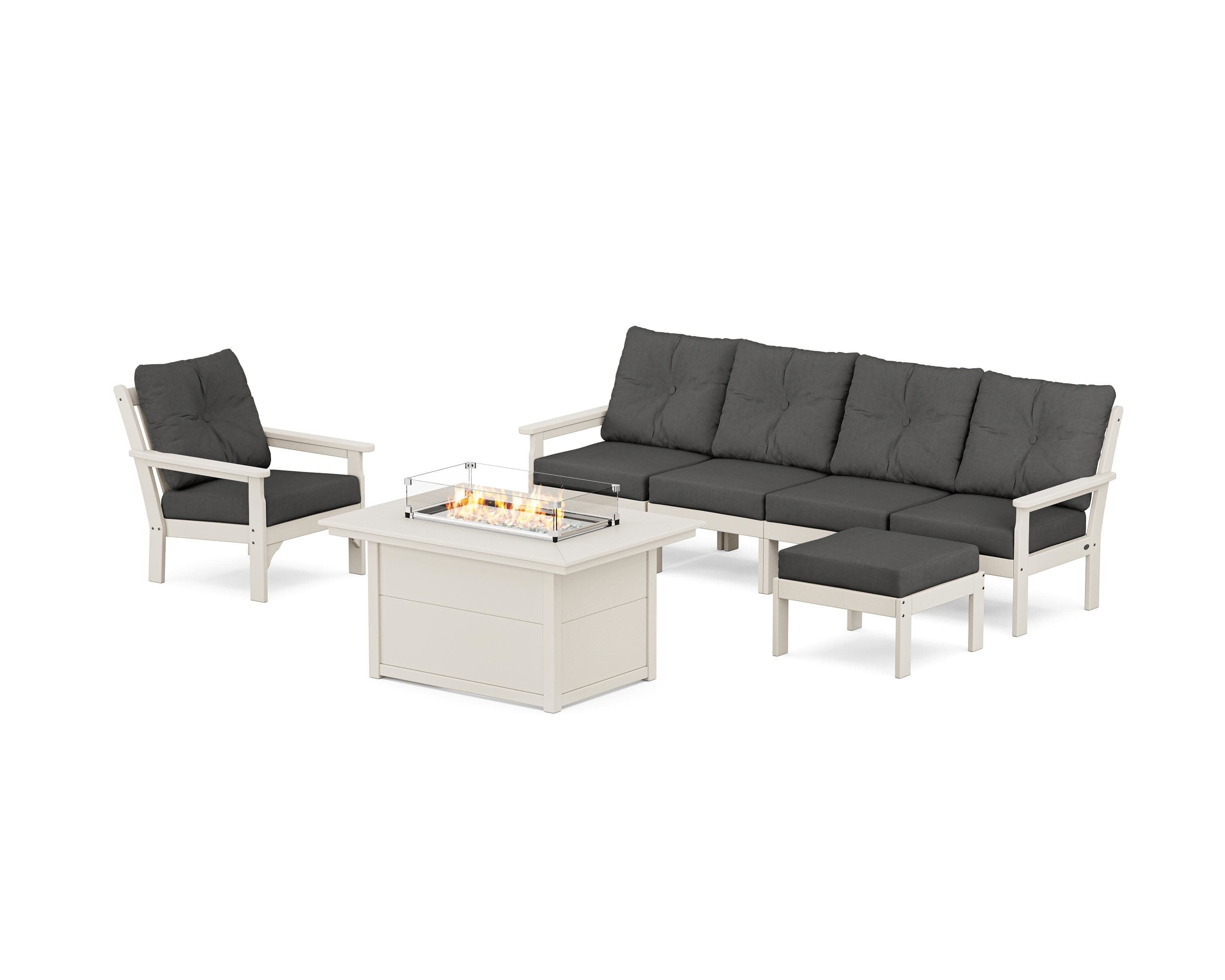 Vineyard Sectional Lounge and Fire Pit Set in Sand / Spectrum Carbon