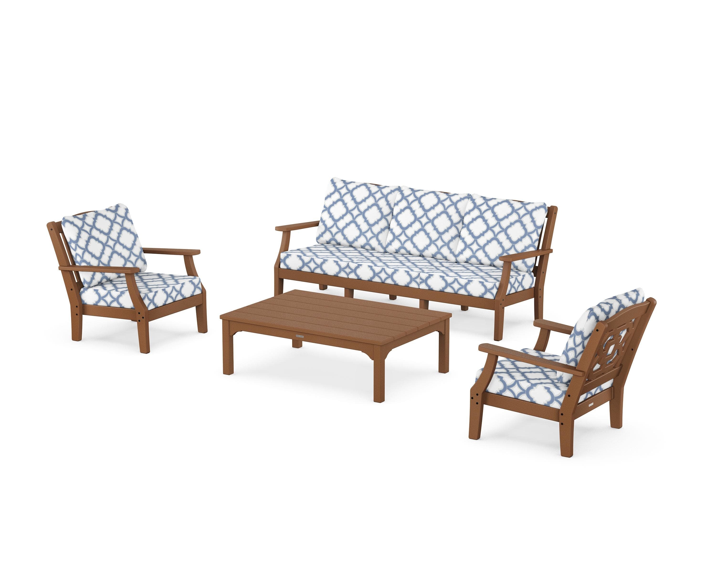 Chinoiserie 4-Piece Deep Seating Set with Sofa in Teak / Trellis Sky Blue