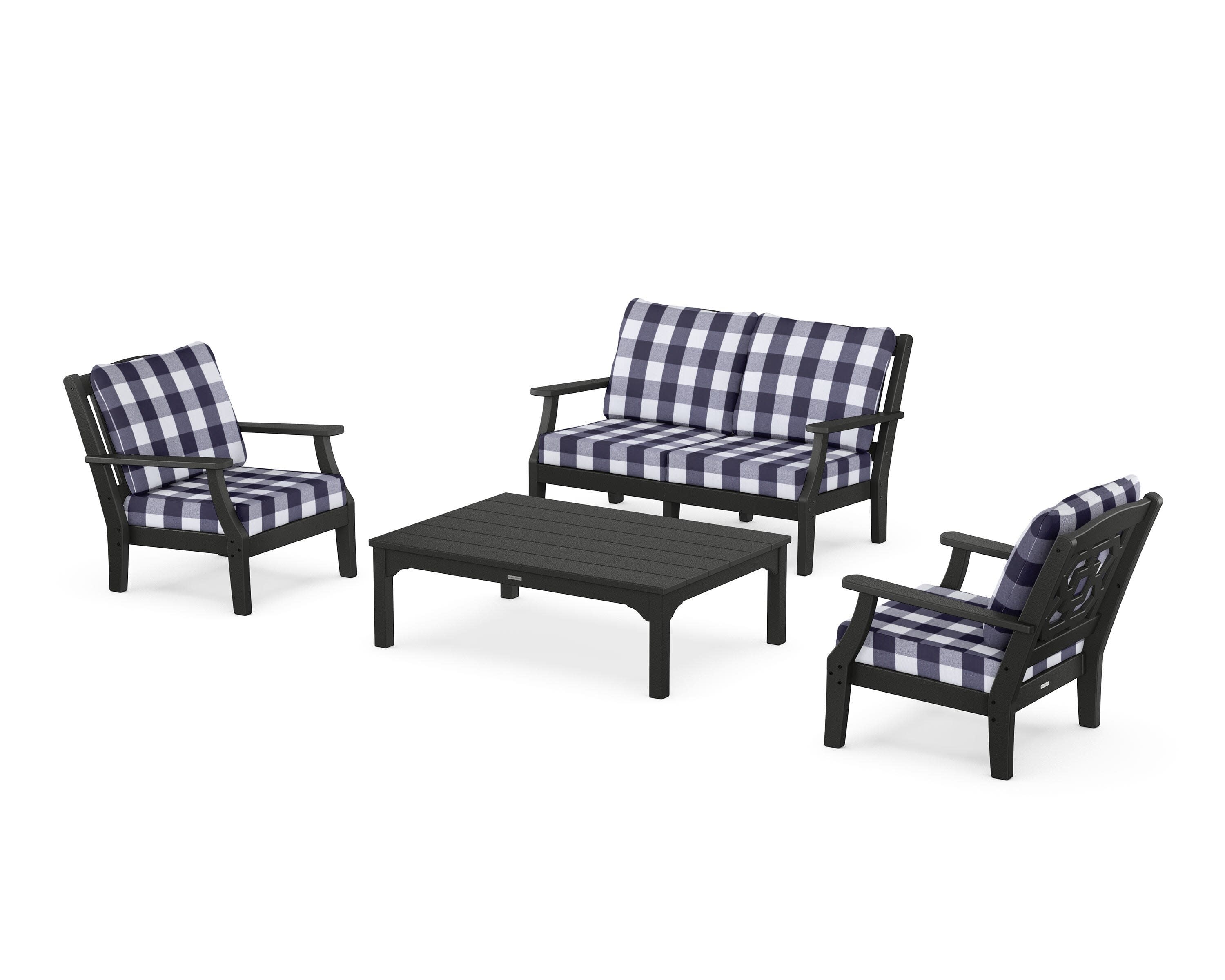 Chinoiserie 4-Piece Deep Seating Set with Loveseat in Black / Buffalo Plaid Navy