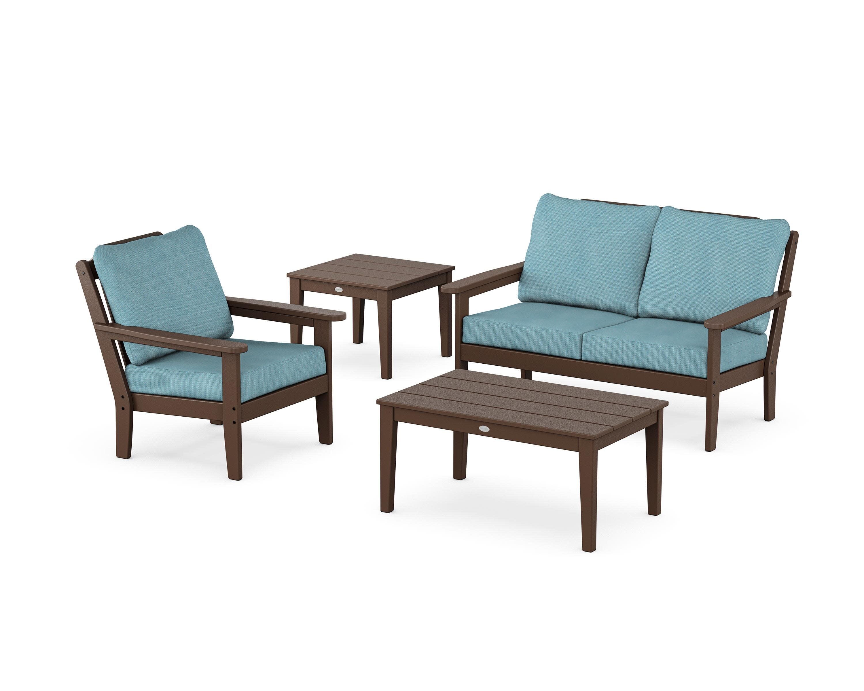 Wovendale 4-Piece Deep Seating Set in Mahogany / Lattice Sky Blue