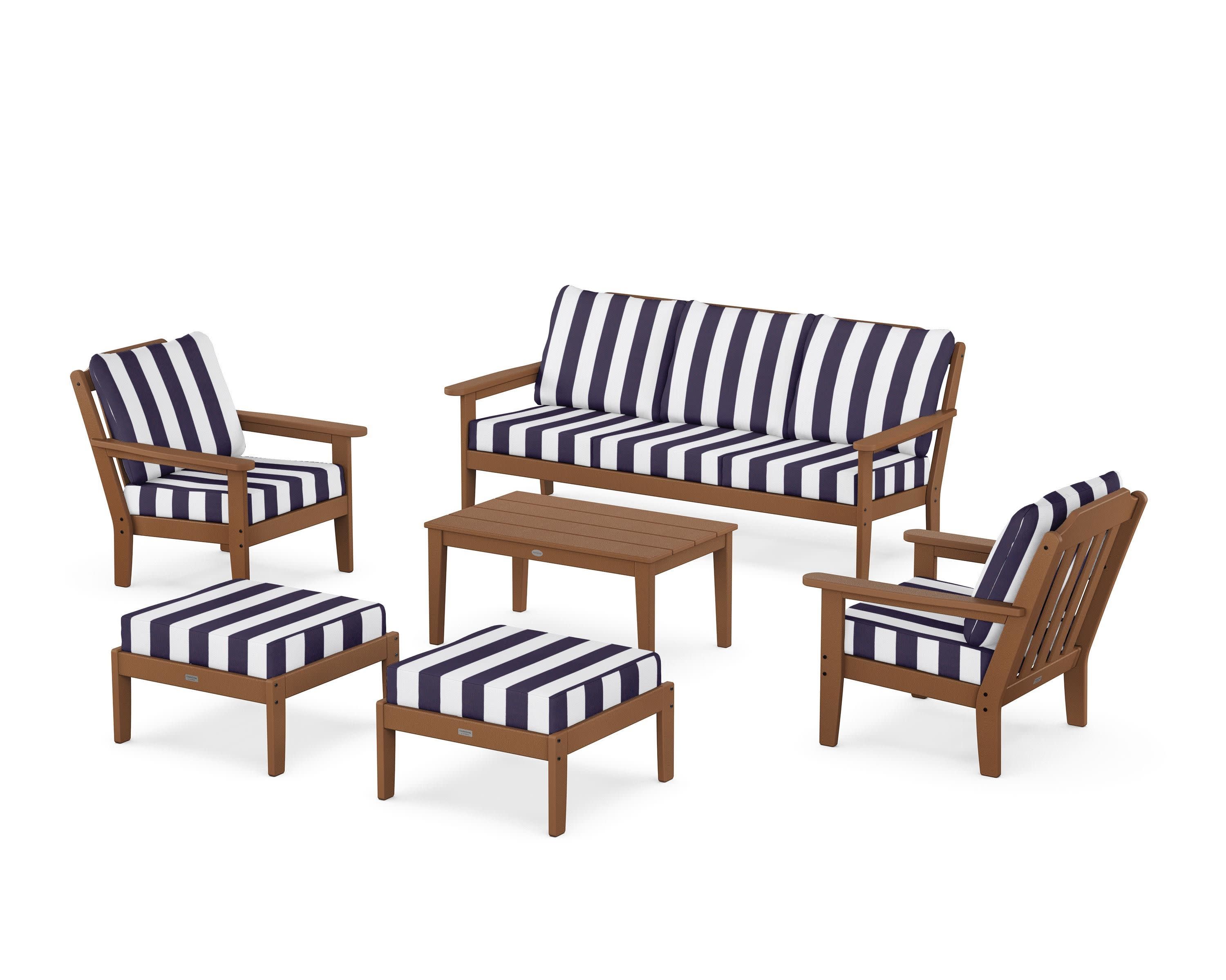 Cottage 6-Piece Lounge Sofa Set in Teak / Cabana Stripe Navy