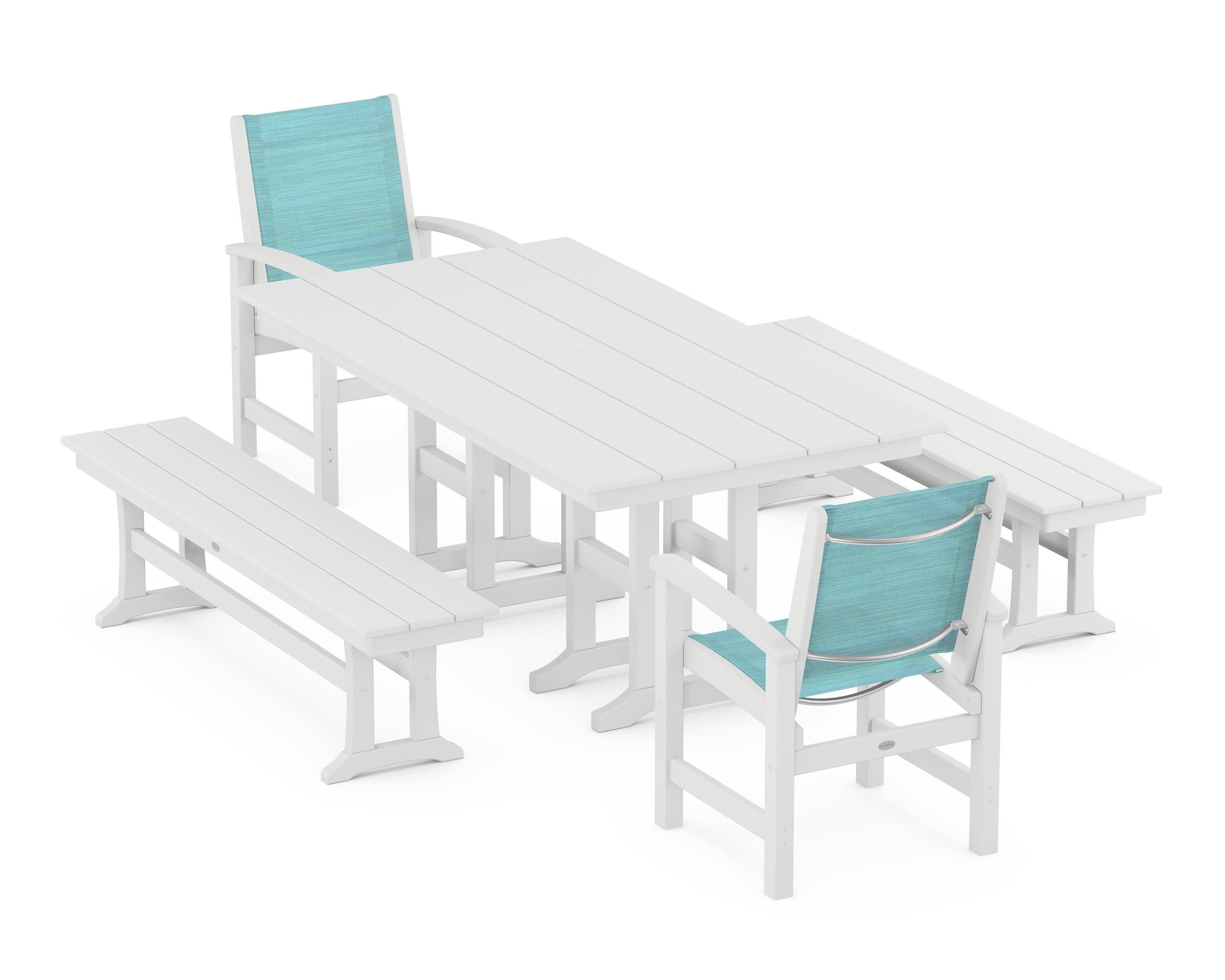 Coastal 5-Piece Farmhouse Dining Set in White / Dupioni Aquamarine Sling