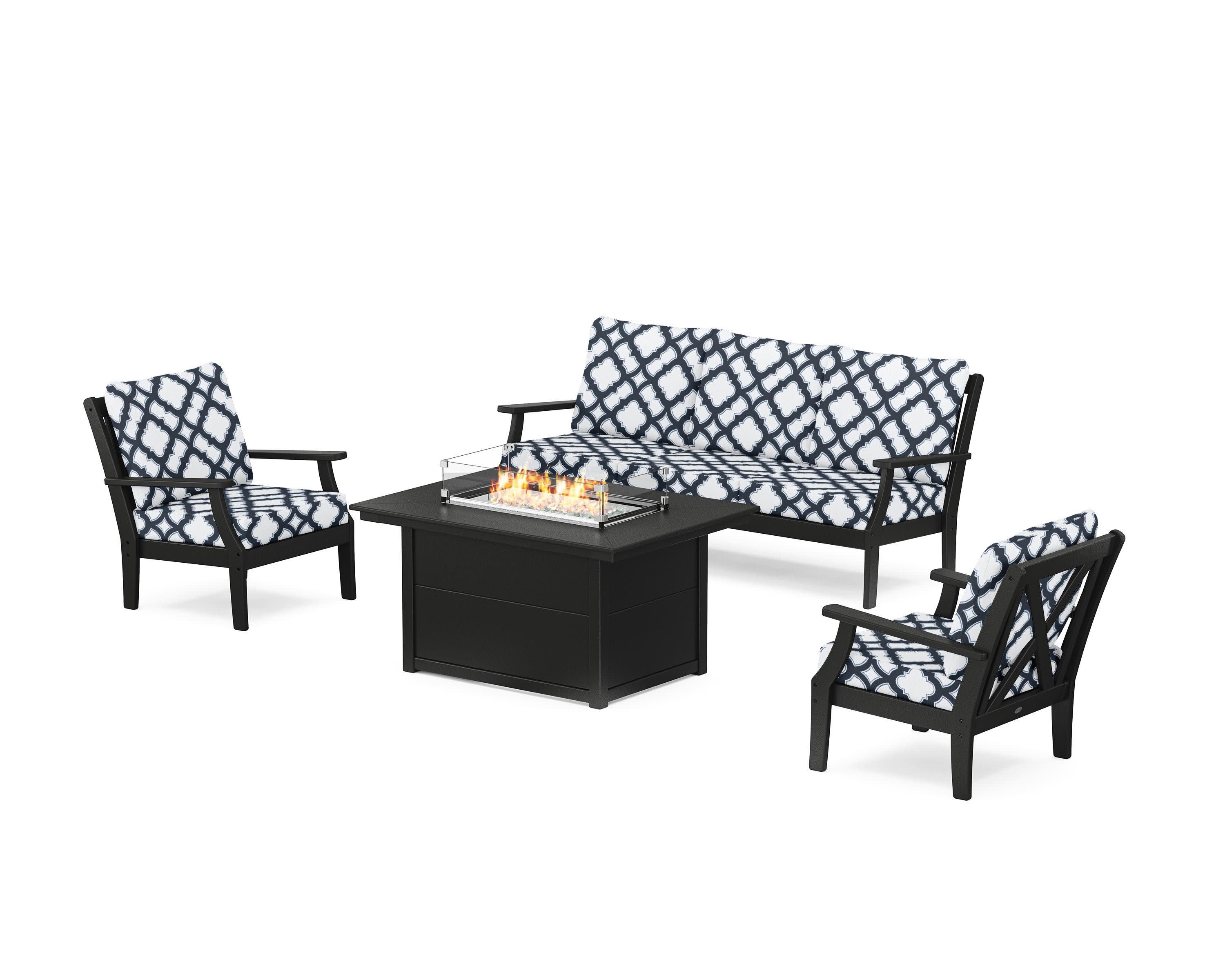 Braxton Deep Seating Fire Pit Table Set in Black / Trellis Marine Indigo