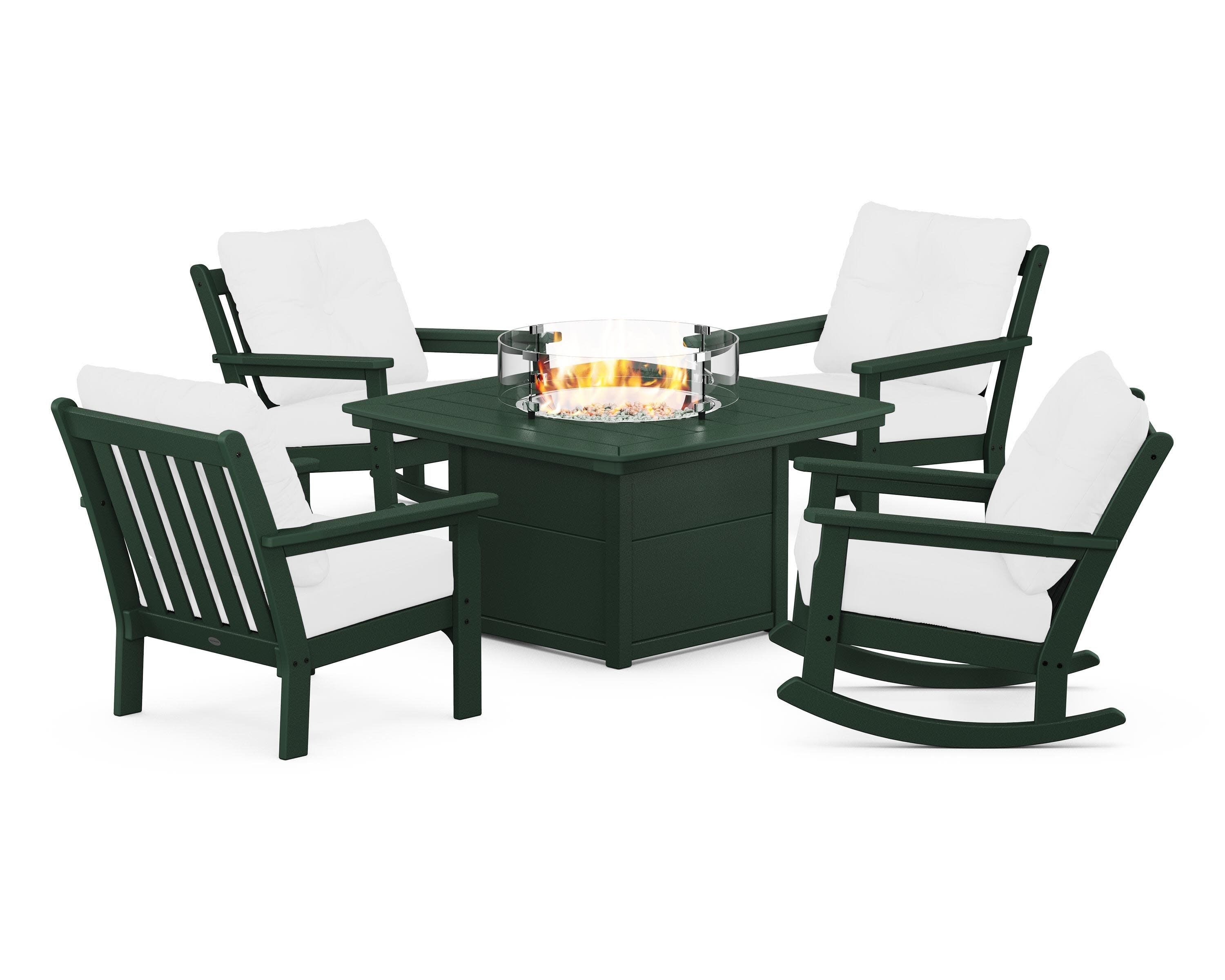Vineyard 5-Piece Deep Seating Rocking Chair Conversation Set with Fire Pit Table in Green / Natural