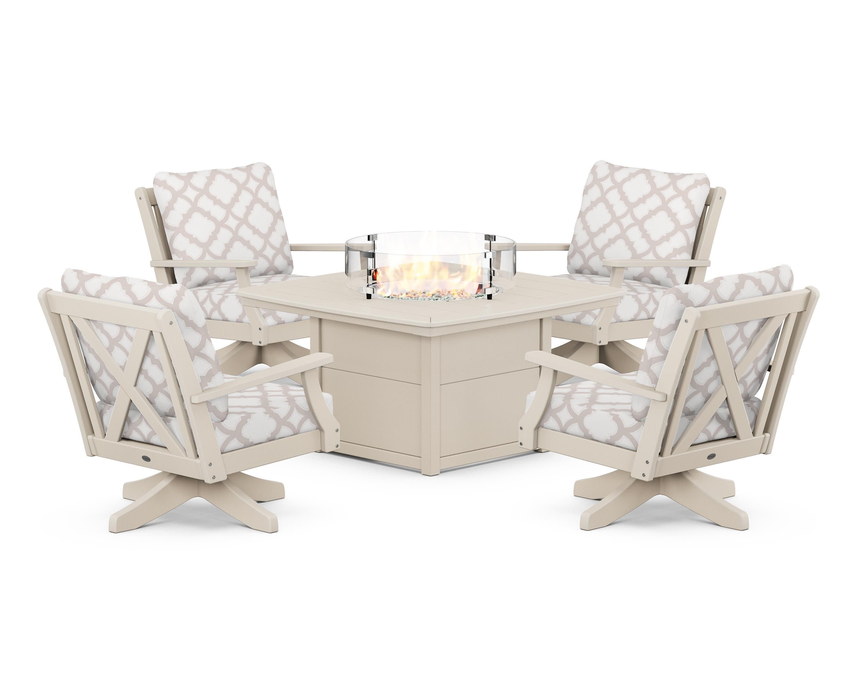 Braxton 5-Piece Deep Seating Swivel Conversation Set with Fire Pit Table in Sand / Trellis Dune Burlap