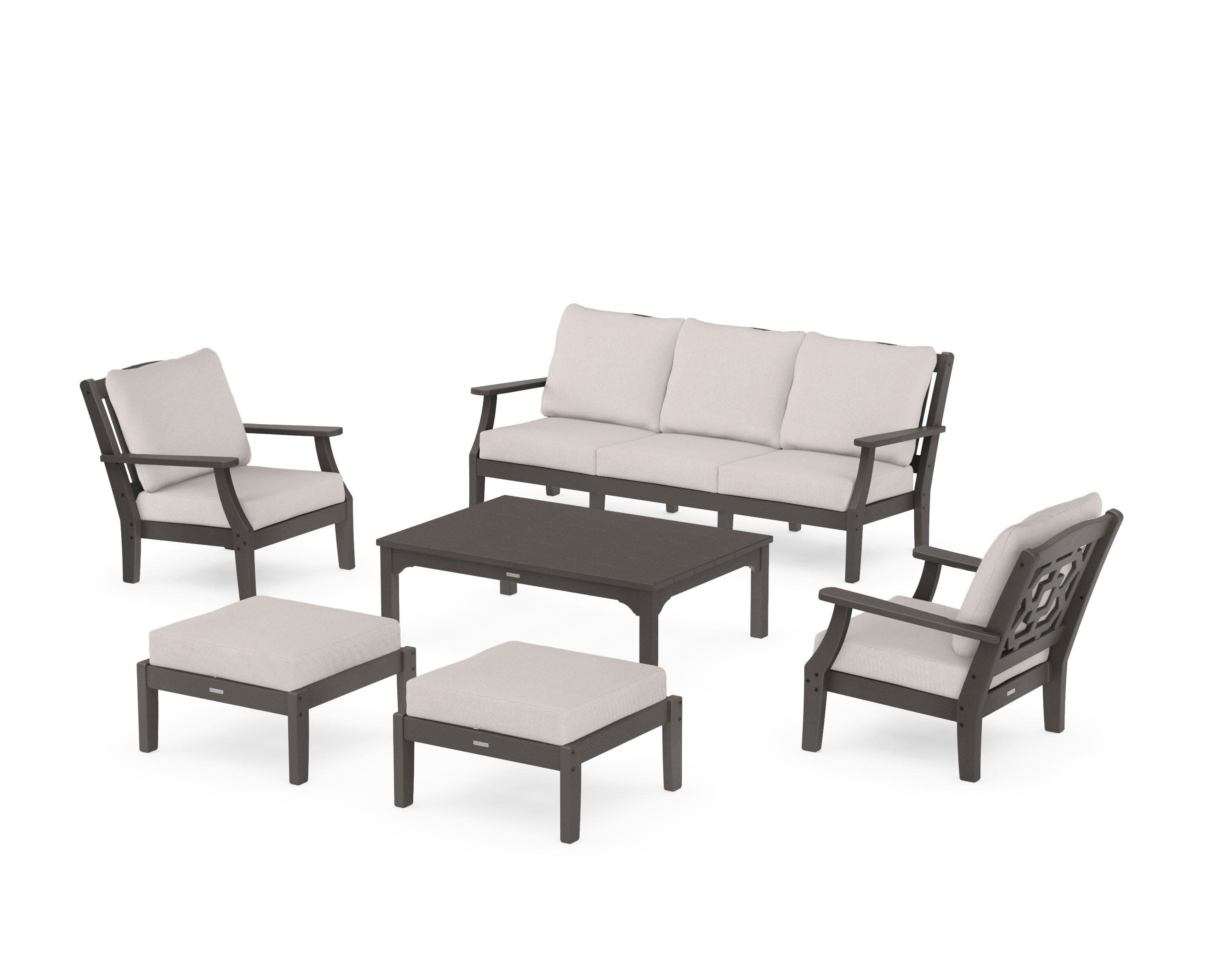 Chinoiserie 6-Piece Lounge Sofa Set in Vintage Coffee / Dune Burlap