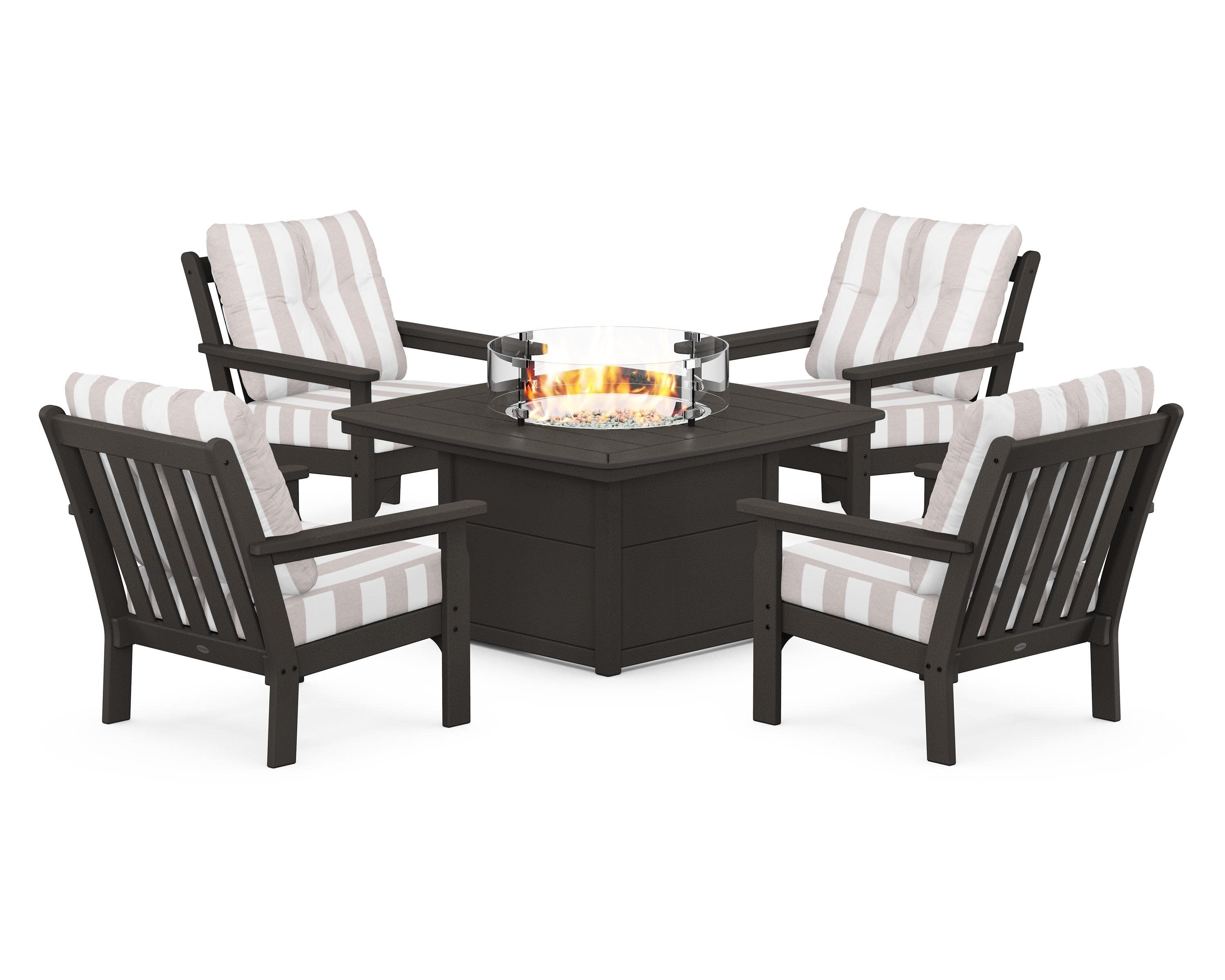 Vineyard 5-Piece Conversation Set with Fire Pit Table in Vintage Coffee / Cabana Stripe Dune Burlap