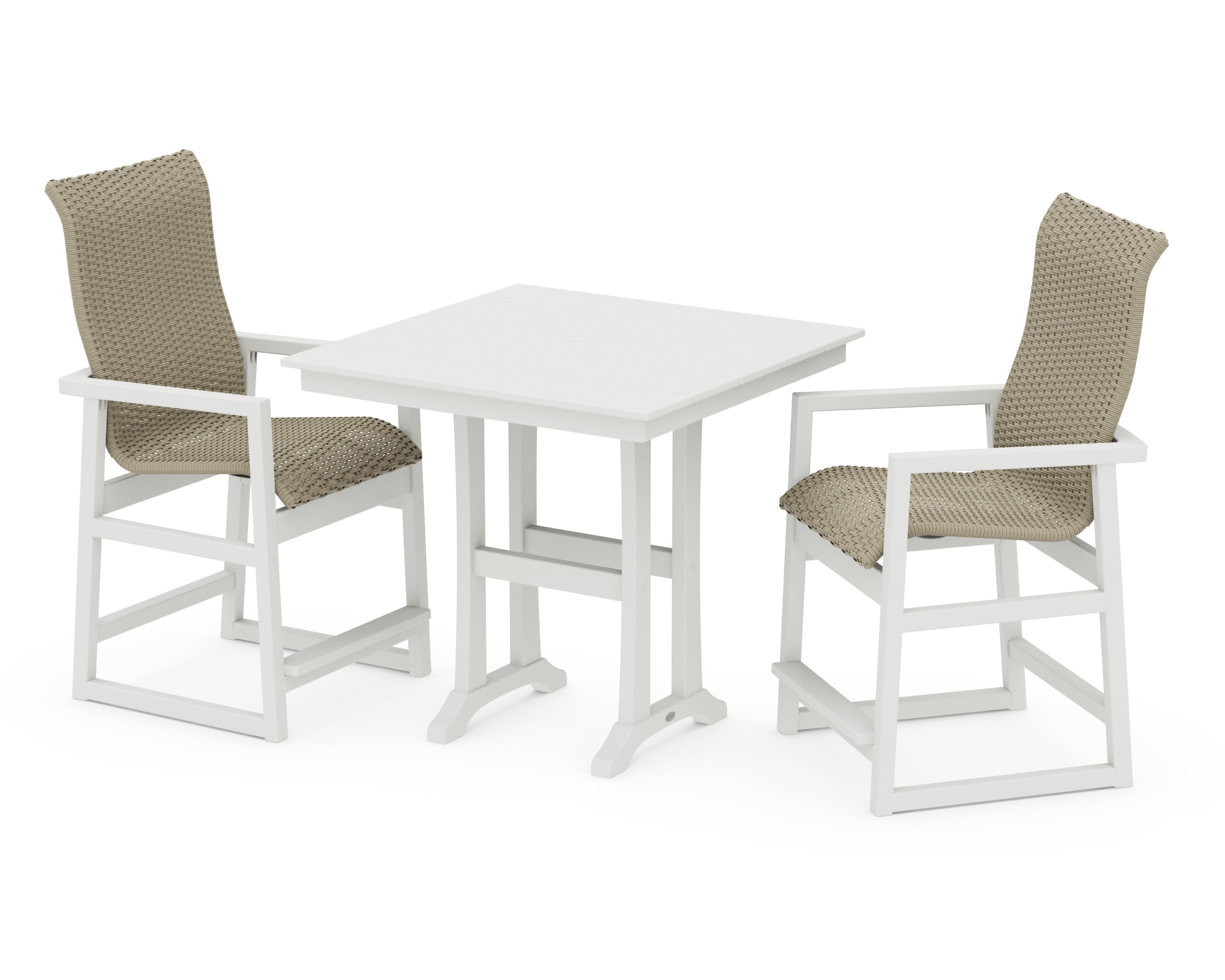 EDGE Woven Highback 3-Piece Farmhouse Counter Set with Trestle Legs in White / Dune Grass