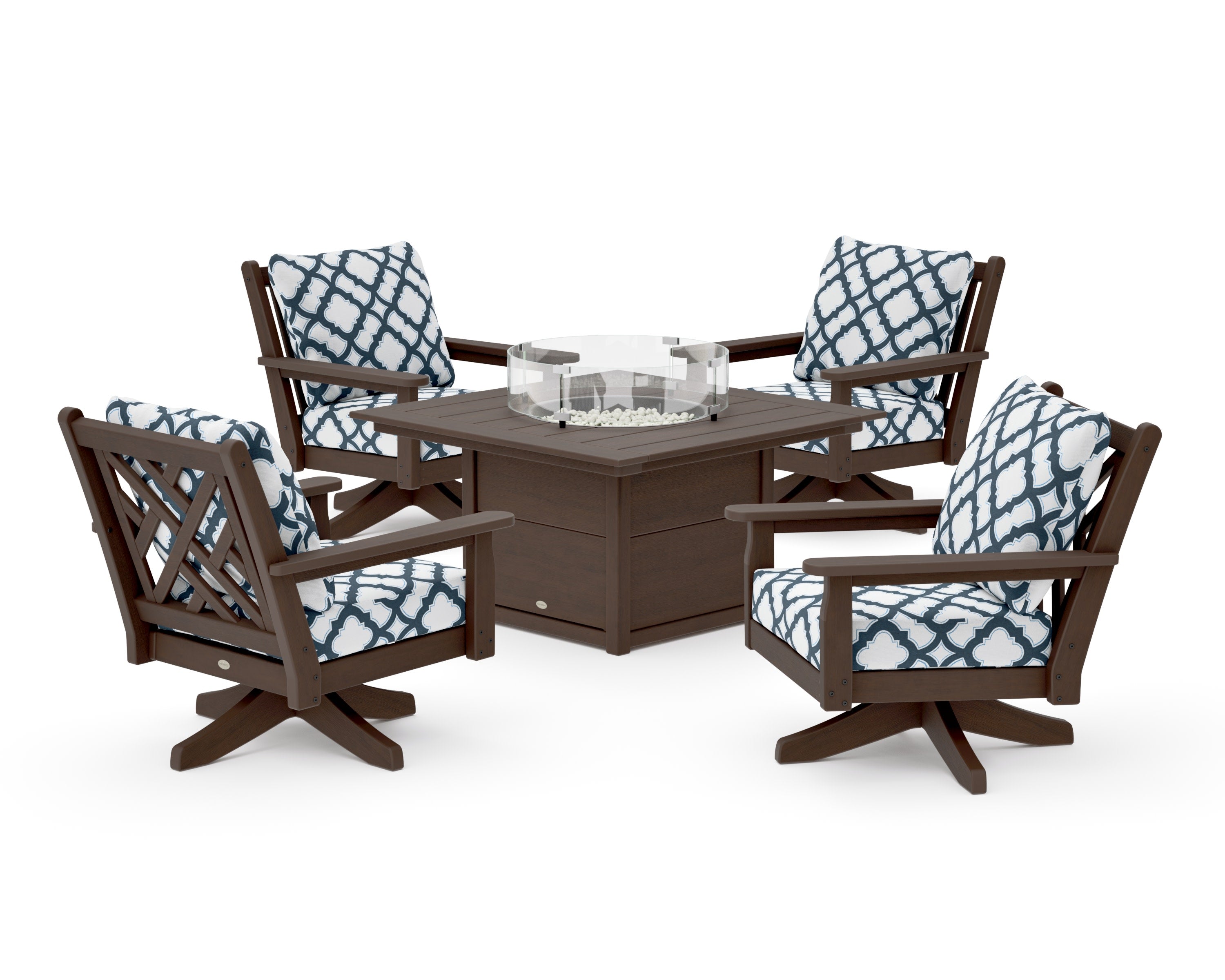 Chippendale 5-Piece Deep Seating Swivel Conversation Set with Fire Pit Table in Kona / Trellis Marine Indigo