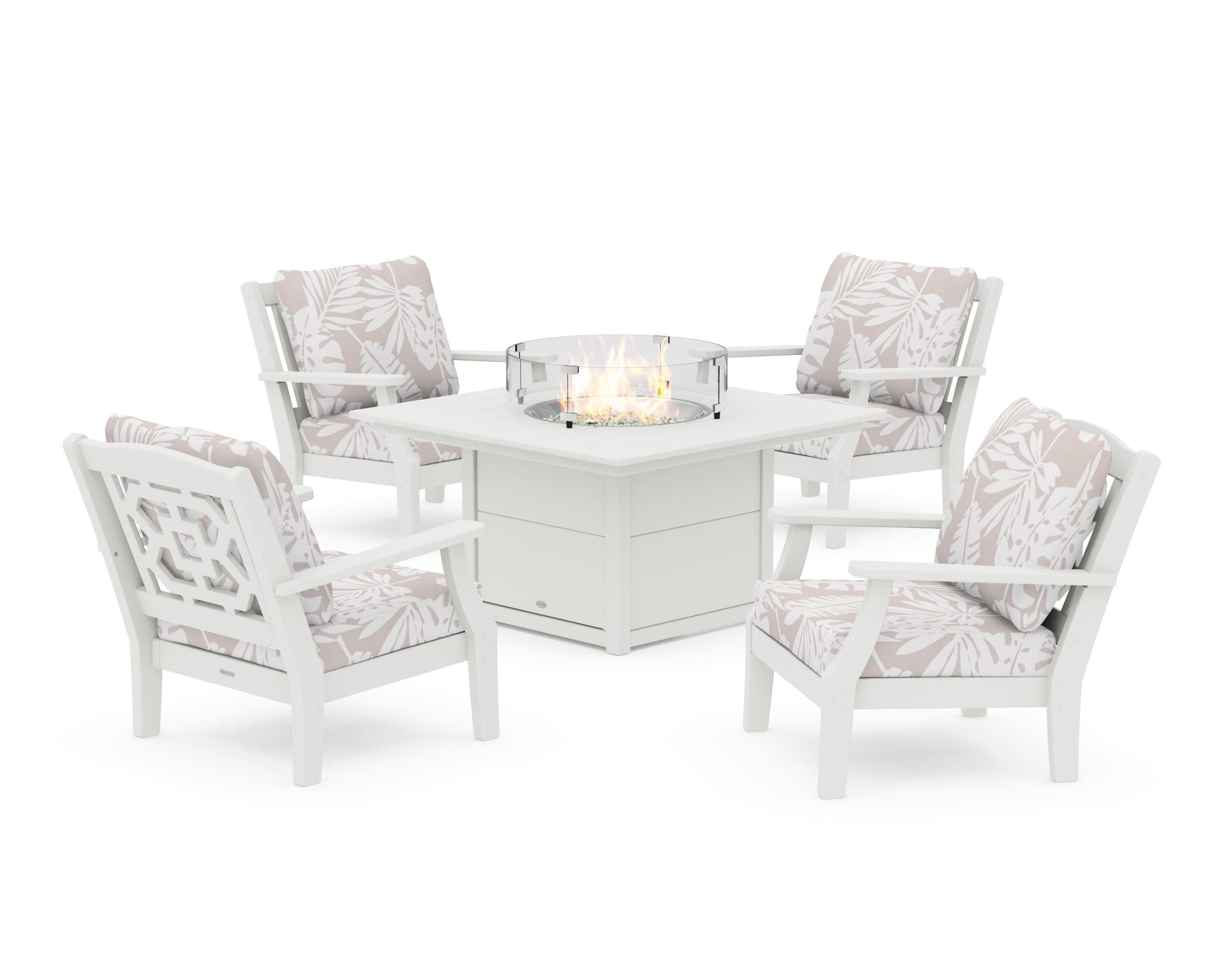 Chinoiserie 5-Piece Deep Seating Set with Fire Pit Table in Vintage White / Leaf Dune Burlap