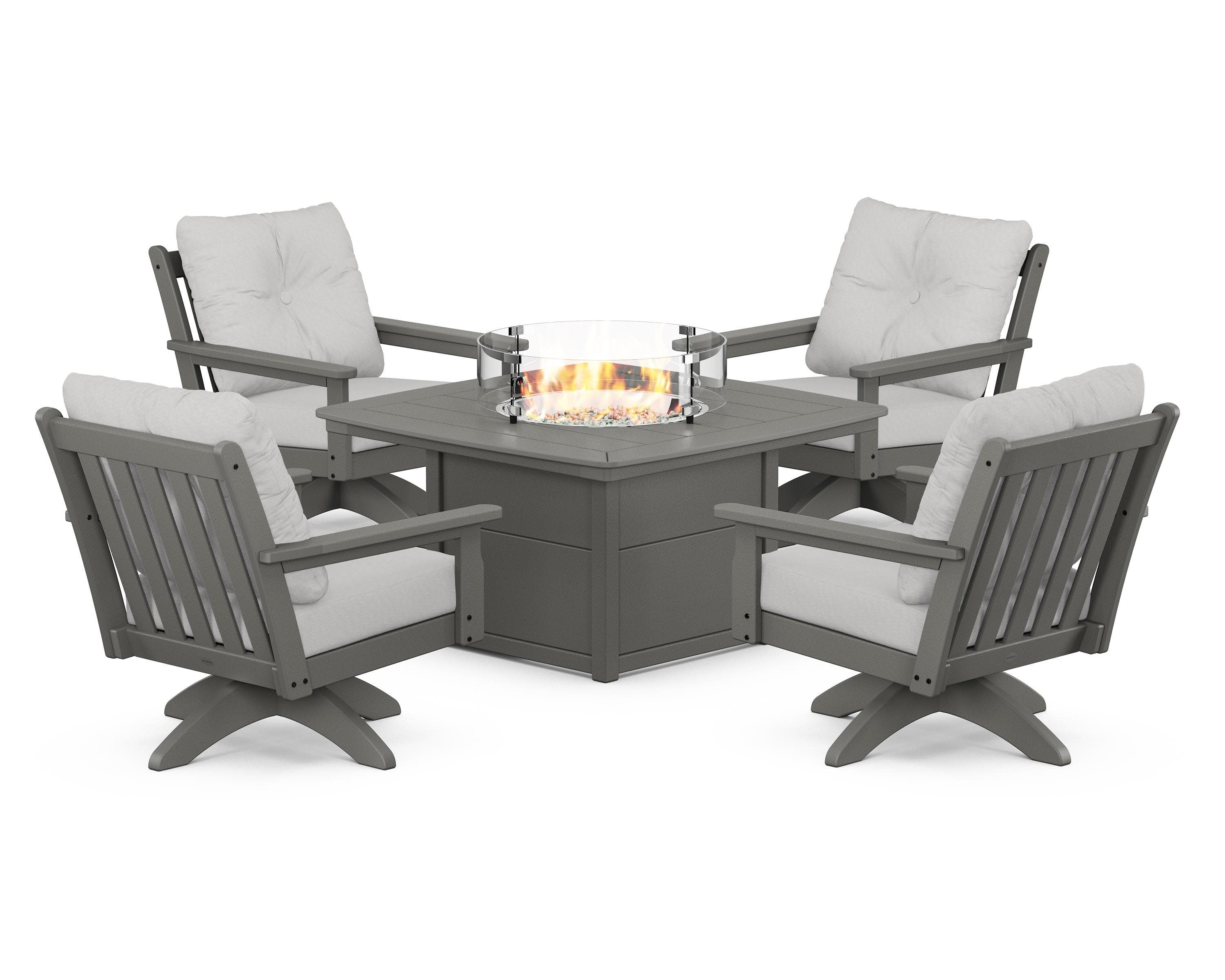 Vineyard 5-Piece Deep Seating Swivel Conversation Set with Fire Pit Table in Slate Grey / Diamond in the Rough
