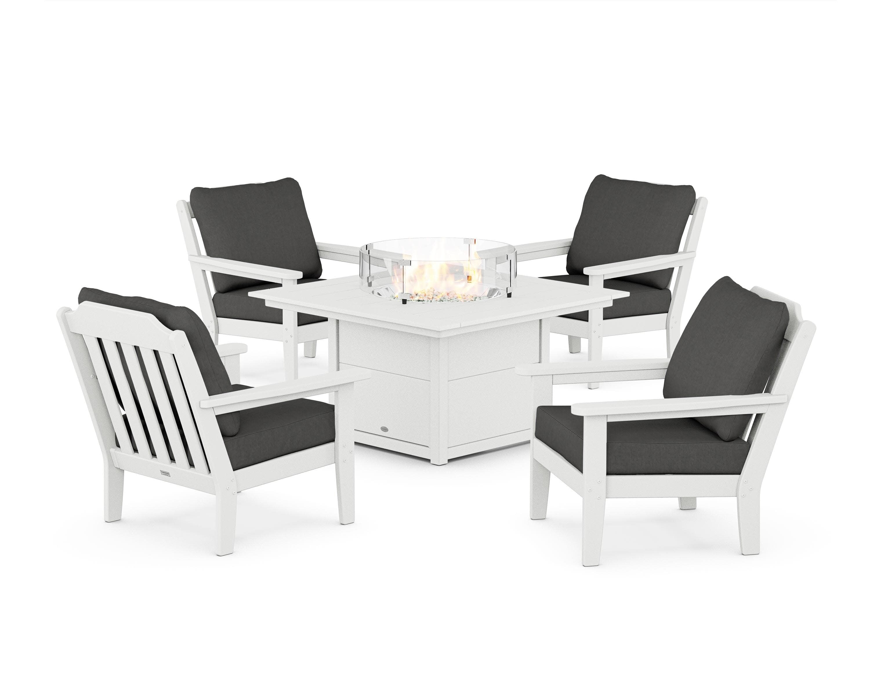 Cottage 5-Piece Deep Seating Set with Fire Pit Table in White / Spectrum Carbon