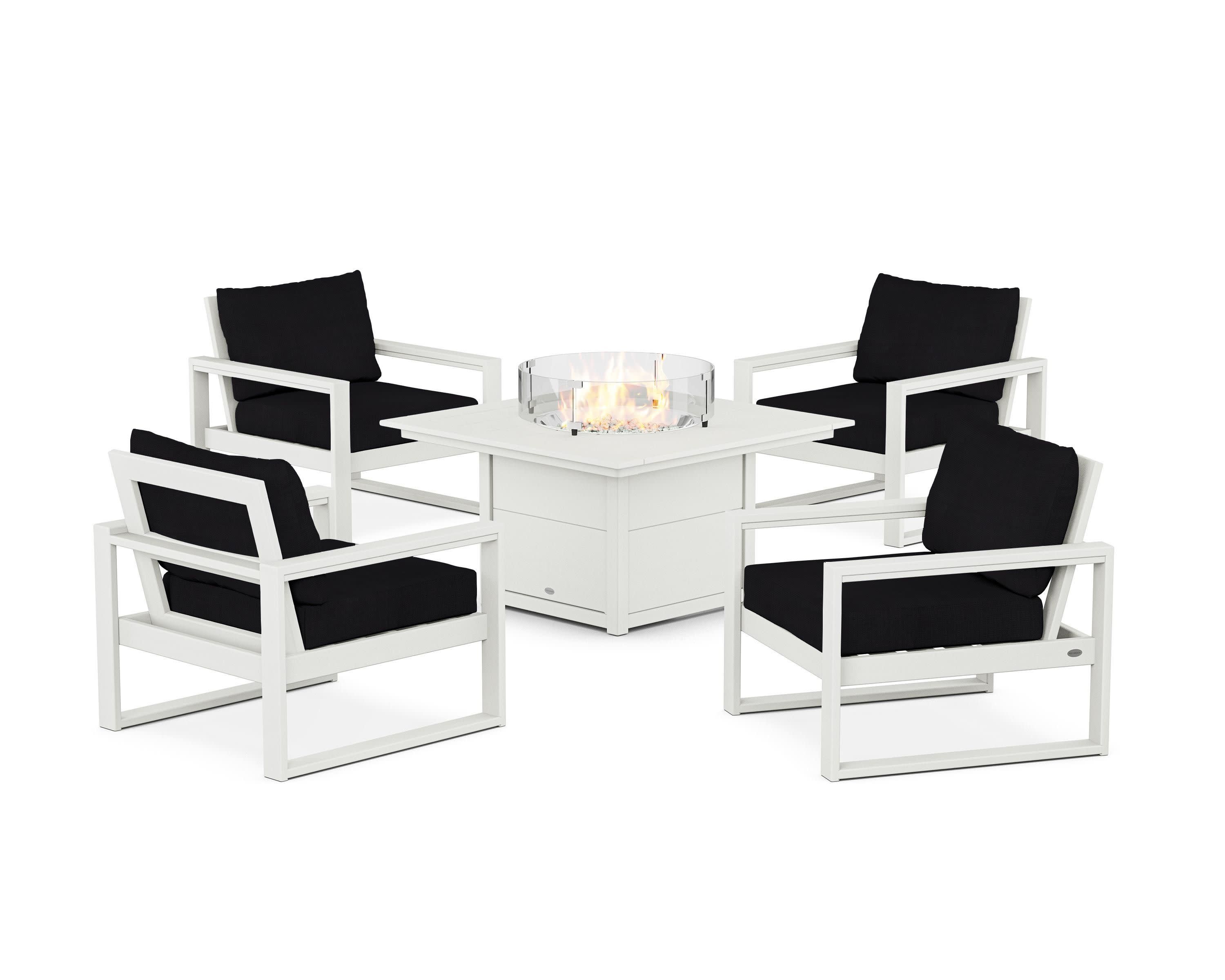 EDGE Sectional 5-Piece Deep Seating Set with Fire Pit Table in Vintage White / Midnight Linen