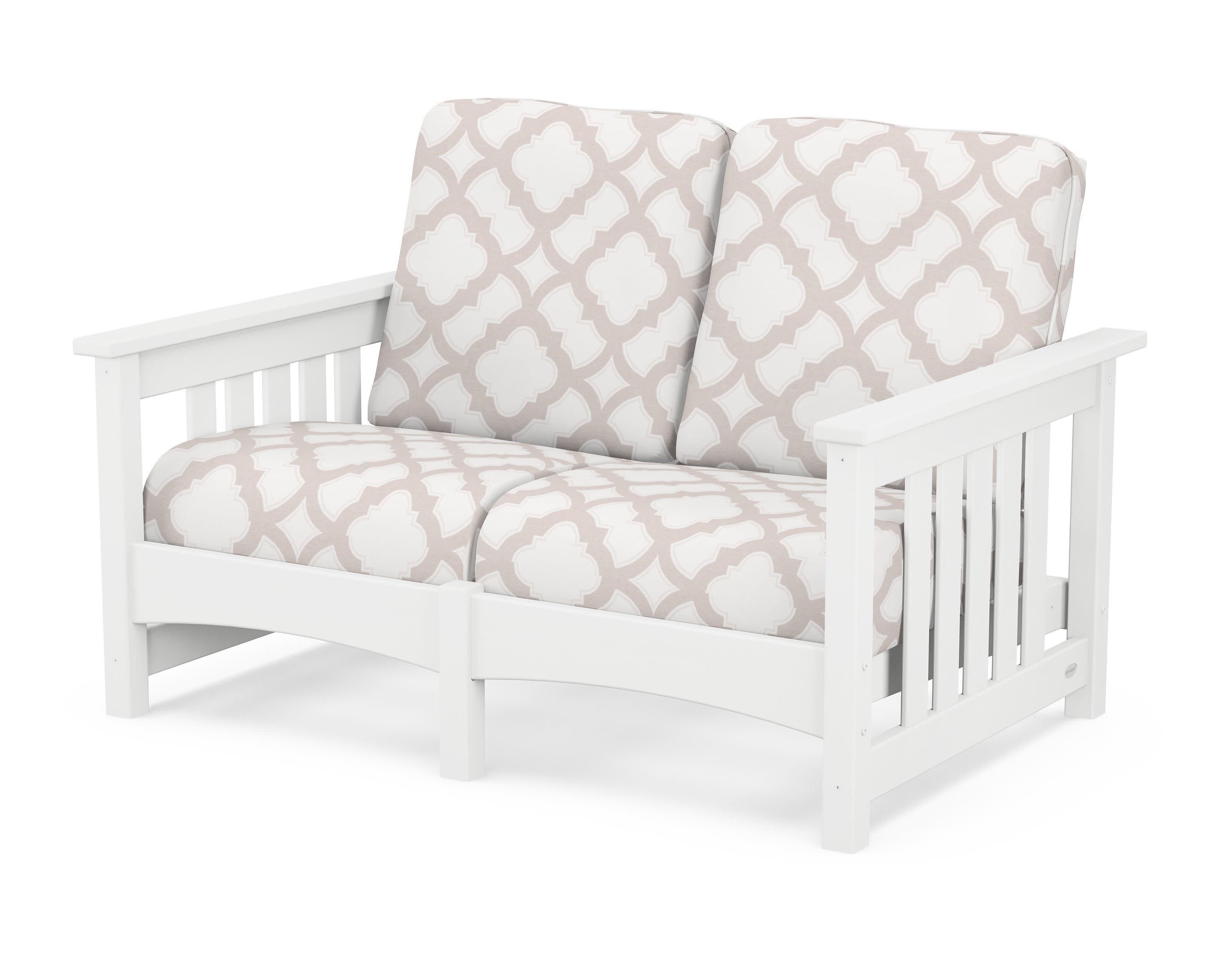 Club Mission Loveseat in White / Trellis Dune Burlap