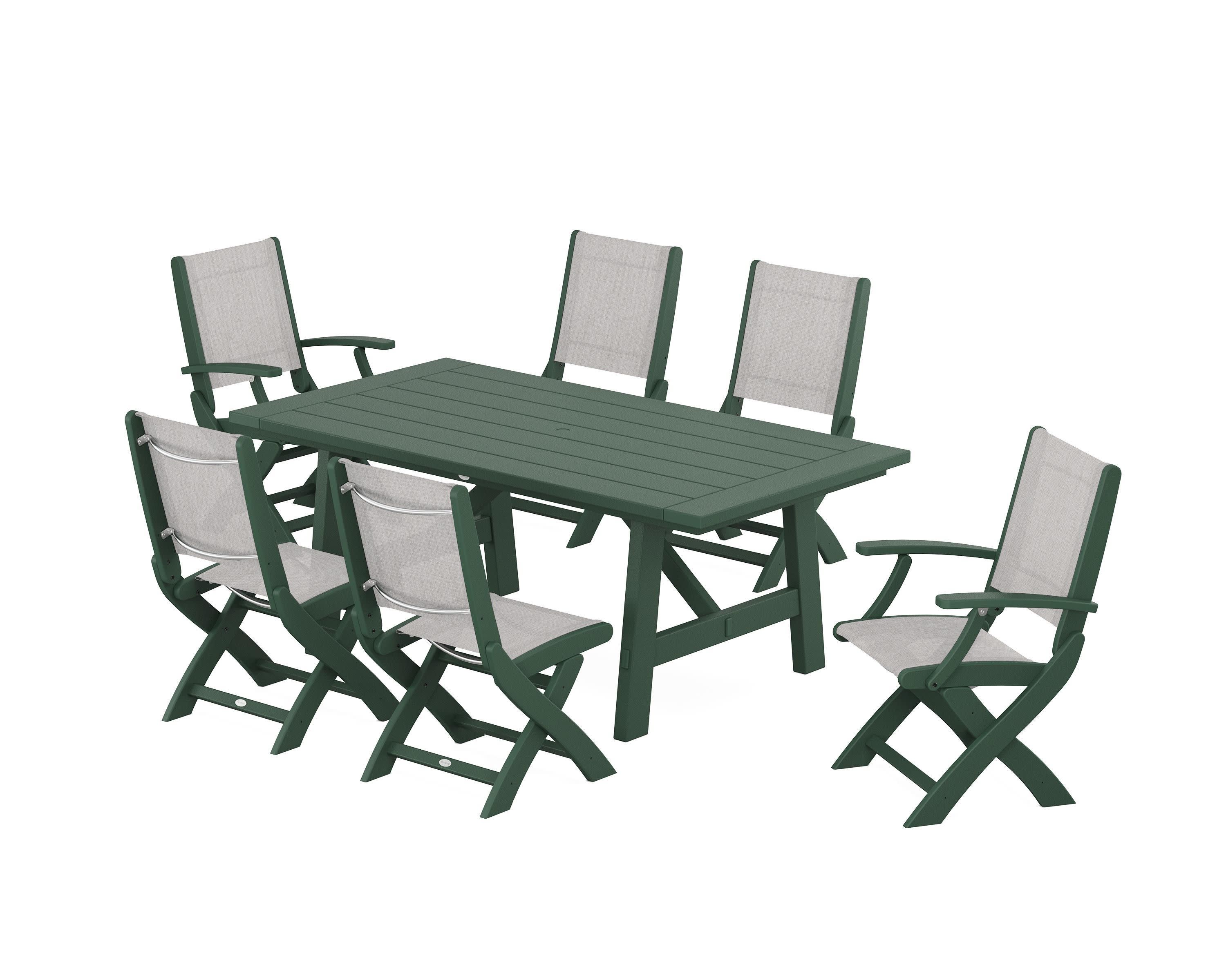 Coastal Folding Chair 7-Piece Rustic Farmhouse Dining Set in Green / Parchment Sling