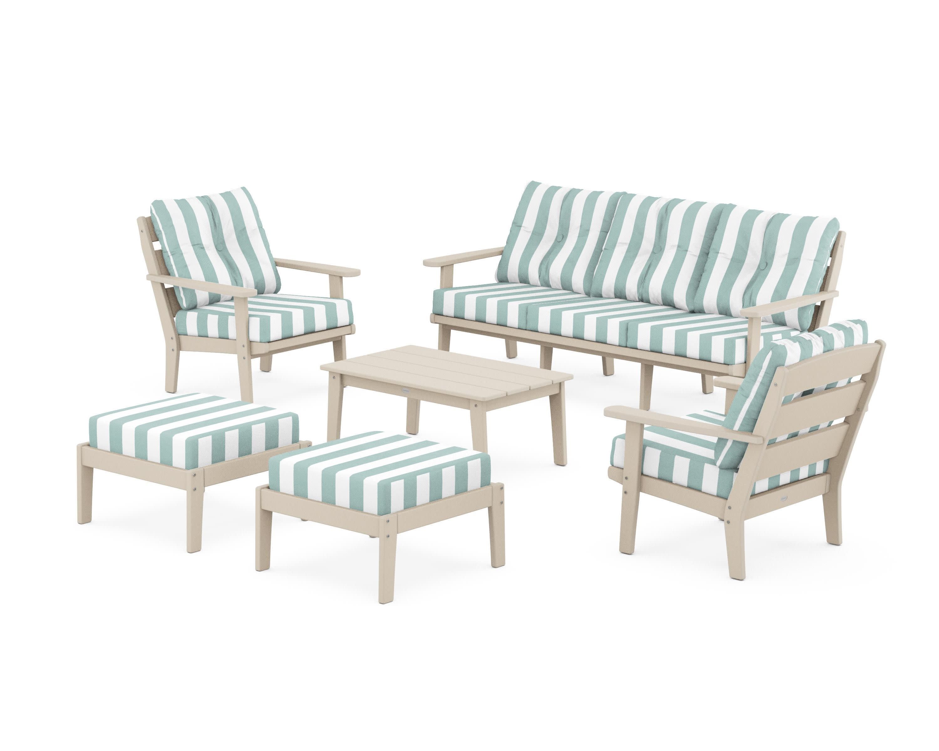 Lakeside 6-Piece Lounge Sofa Set in Sand / Cabana Stripe Glacier Spa