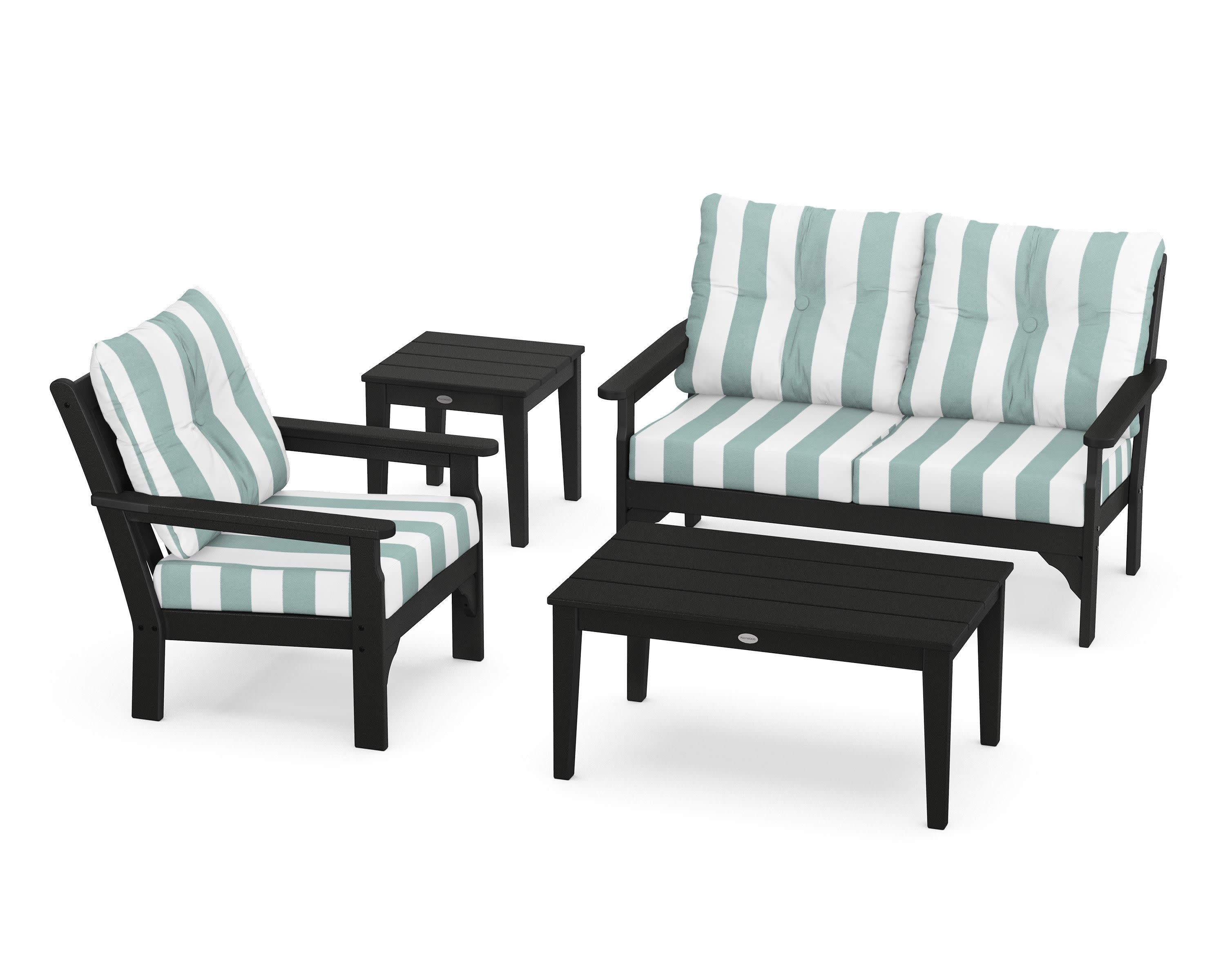 Vineyard 4-Piece Deep Seating Set in Black / Cabana Stripe Glacier Spa
