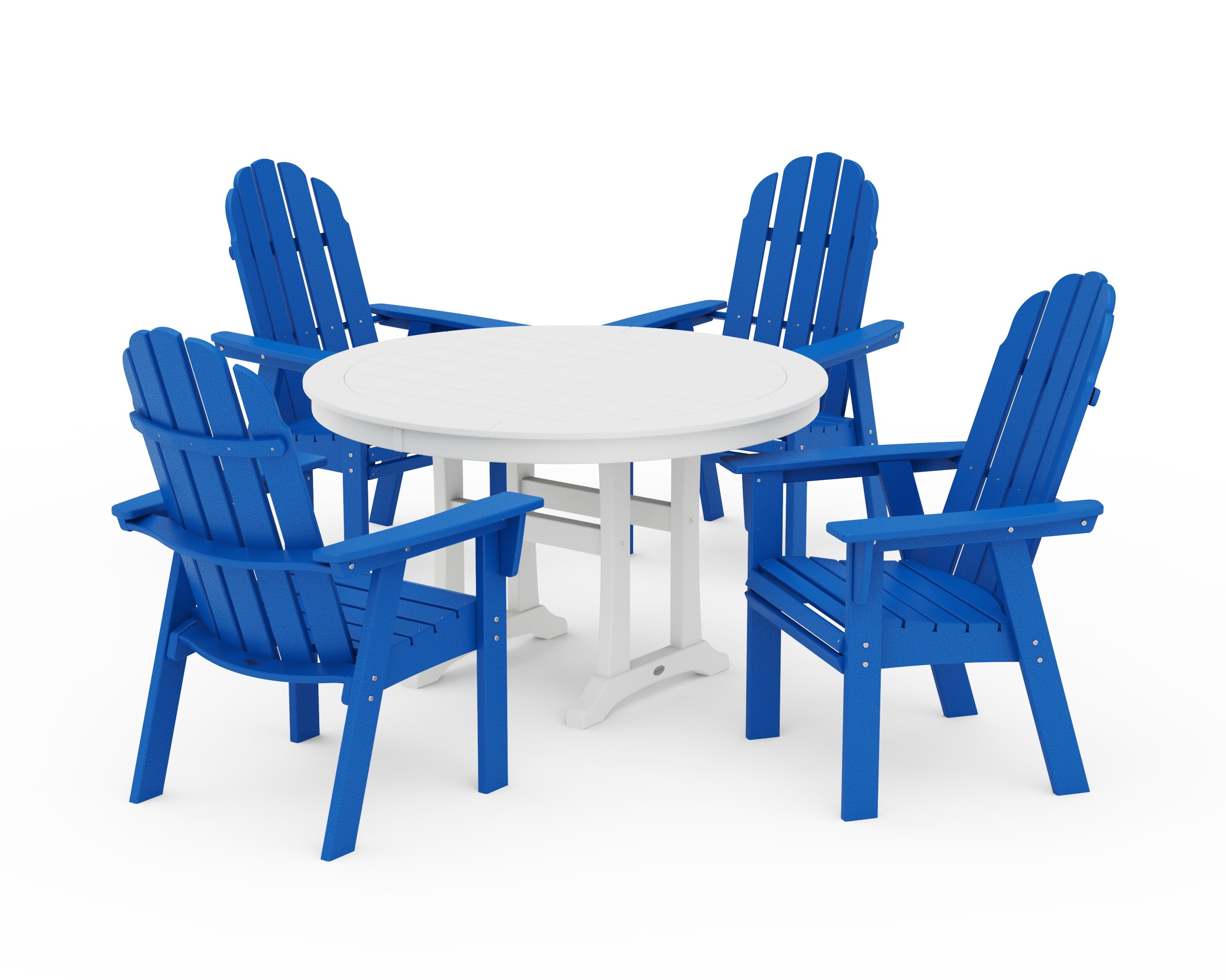 Vineyard Curveback Adirondack 5-Piece Nautical Trestle Dining Set in Pacific Blue / White