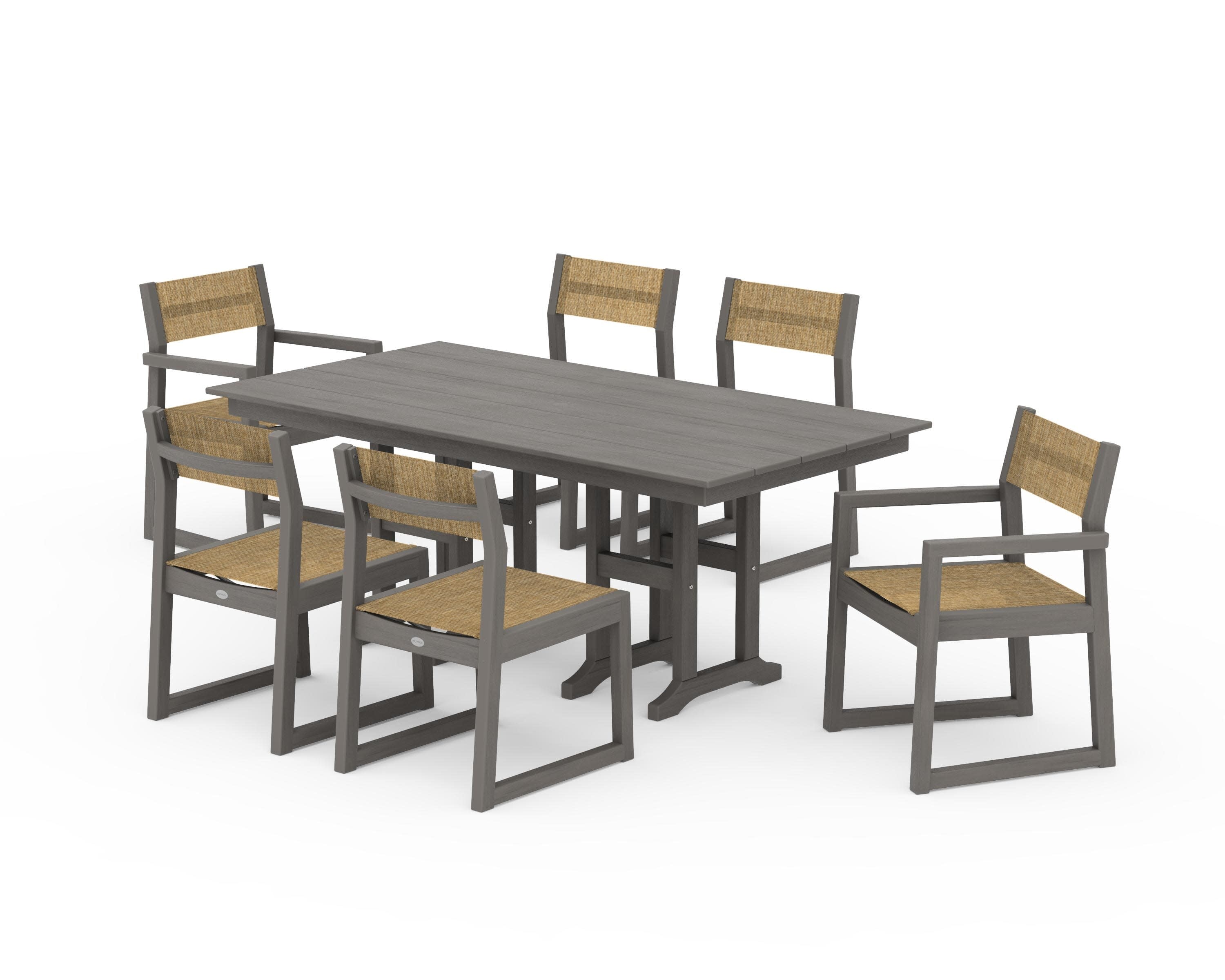 EDGE Sling 7-Piece Farmhouse Dining Set in Driftwood / Burlap Sling