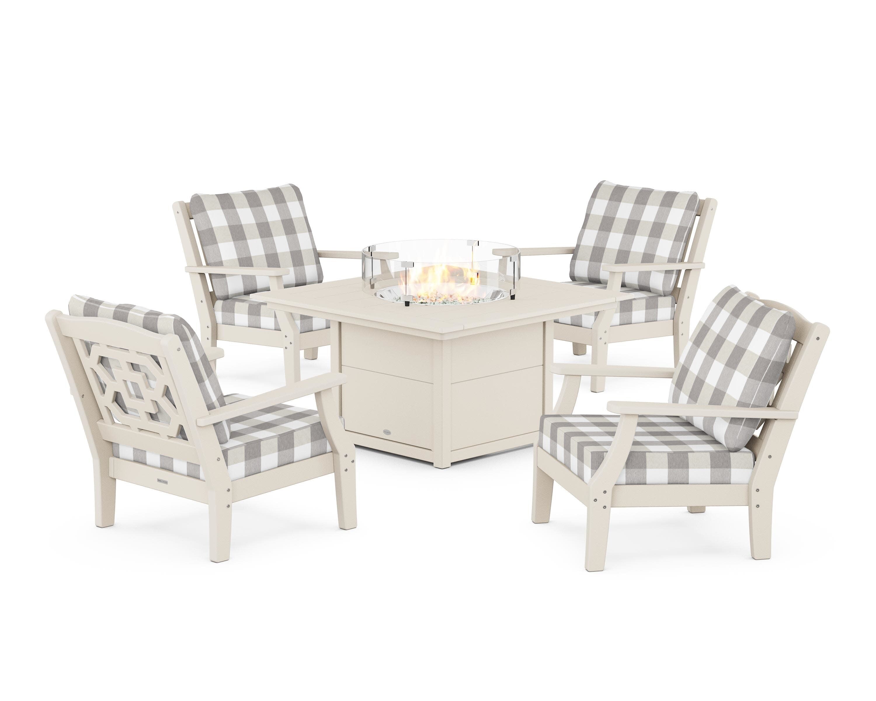 Chinoiserie 5-Piece Deep Seating Set with Fire Pit Table in Sand / Buffalo Plaid Grey Mist
