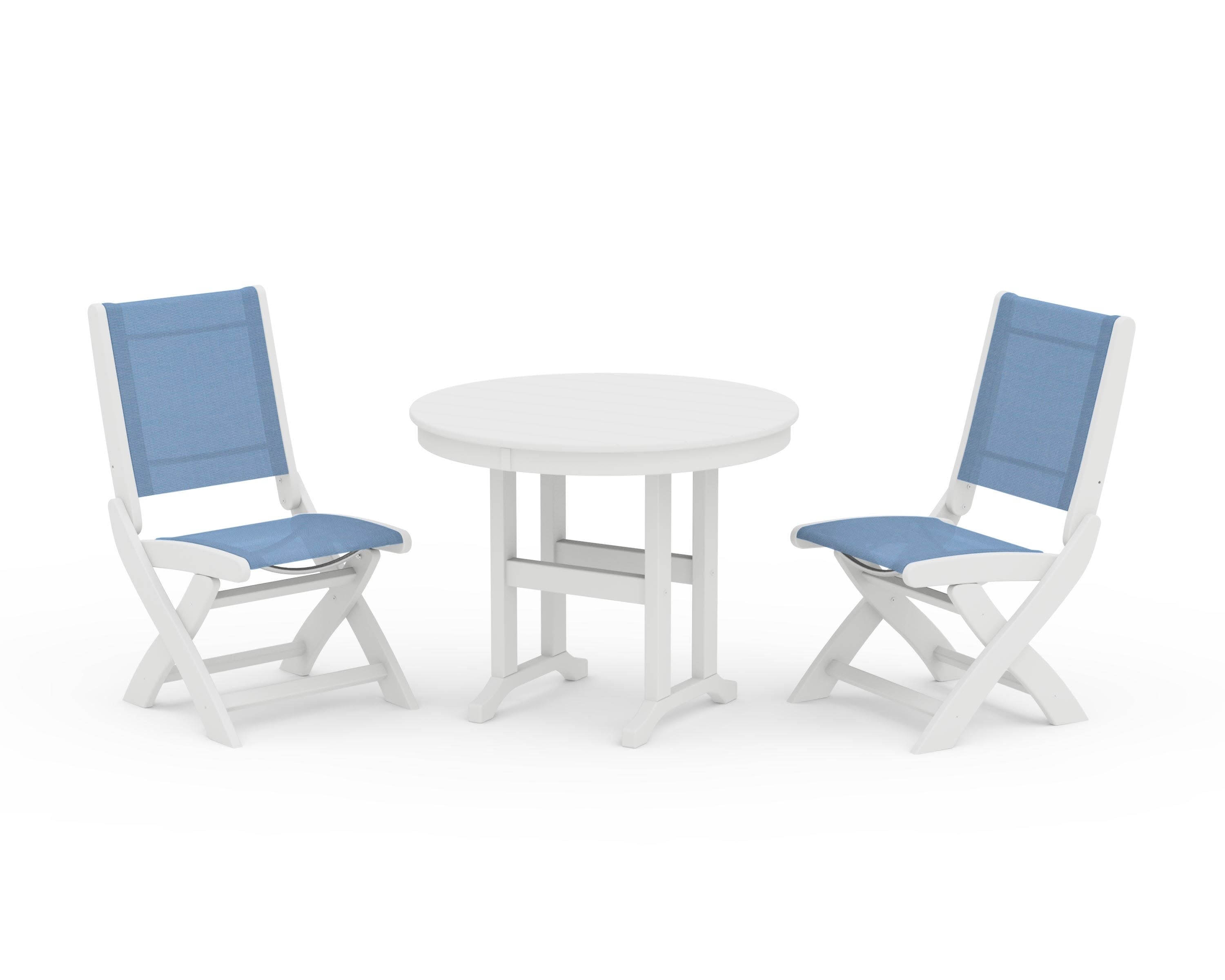 Coastal Folding Side Chair 3-Piece Round Dining Set in White / Poolside Sling
