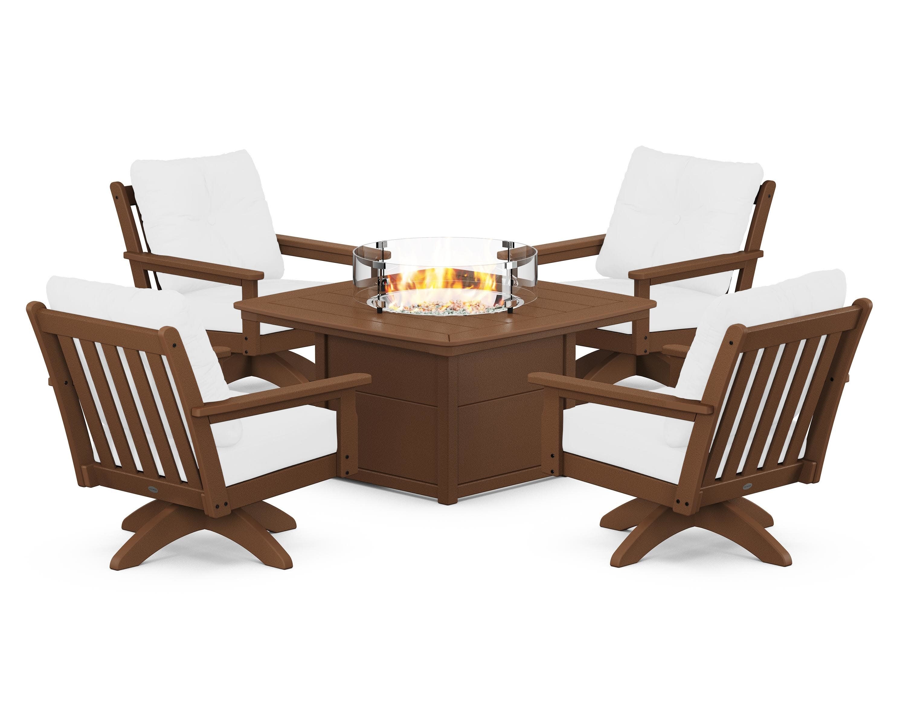 Vineyard 5-Piece Deep Seating Swivel Conversation Set with Fire Pit Table in Teak / Natural