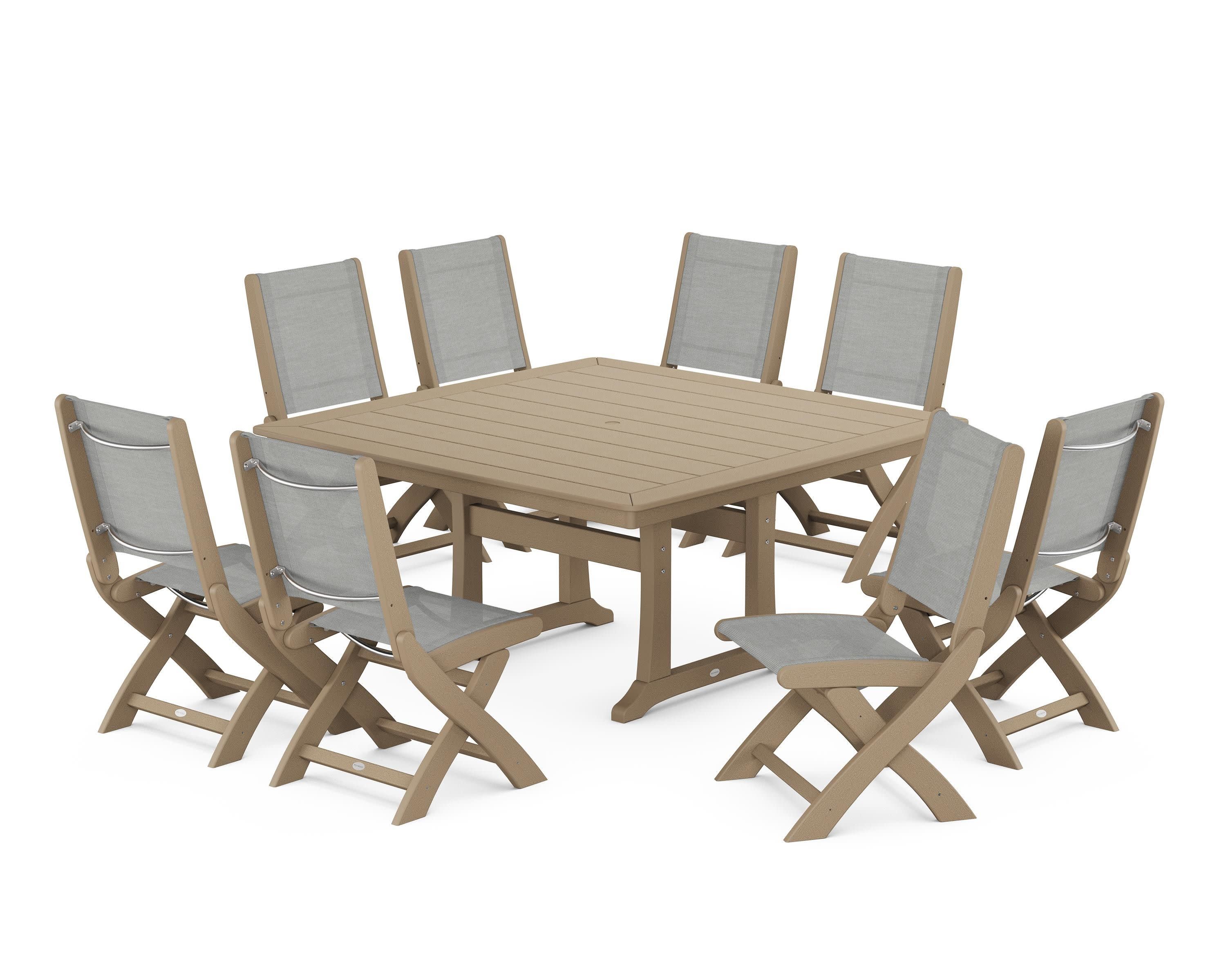 Coastal Folding Side Chair 9-Piece Dining Set with Trestle Legs in Vintage Sahara / Metallic Sling