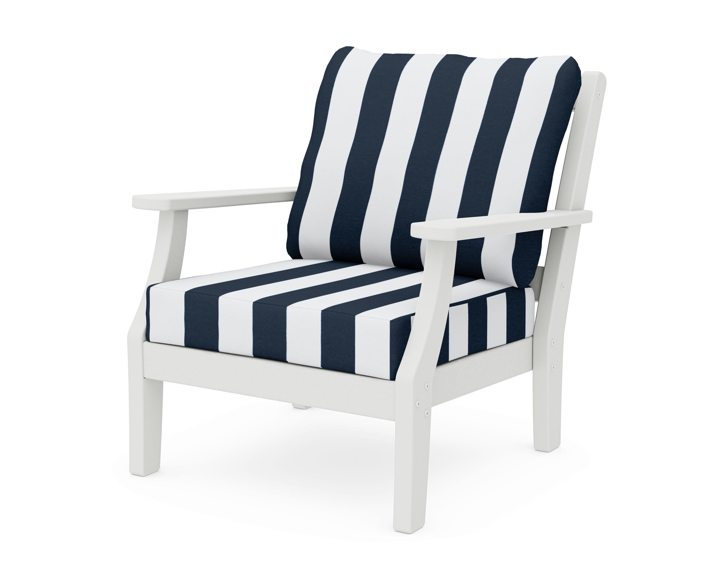 Chinoiserie Deep Seating Chair in Vintage White / Cabana Stripe Marine Indigo