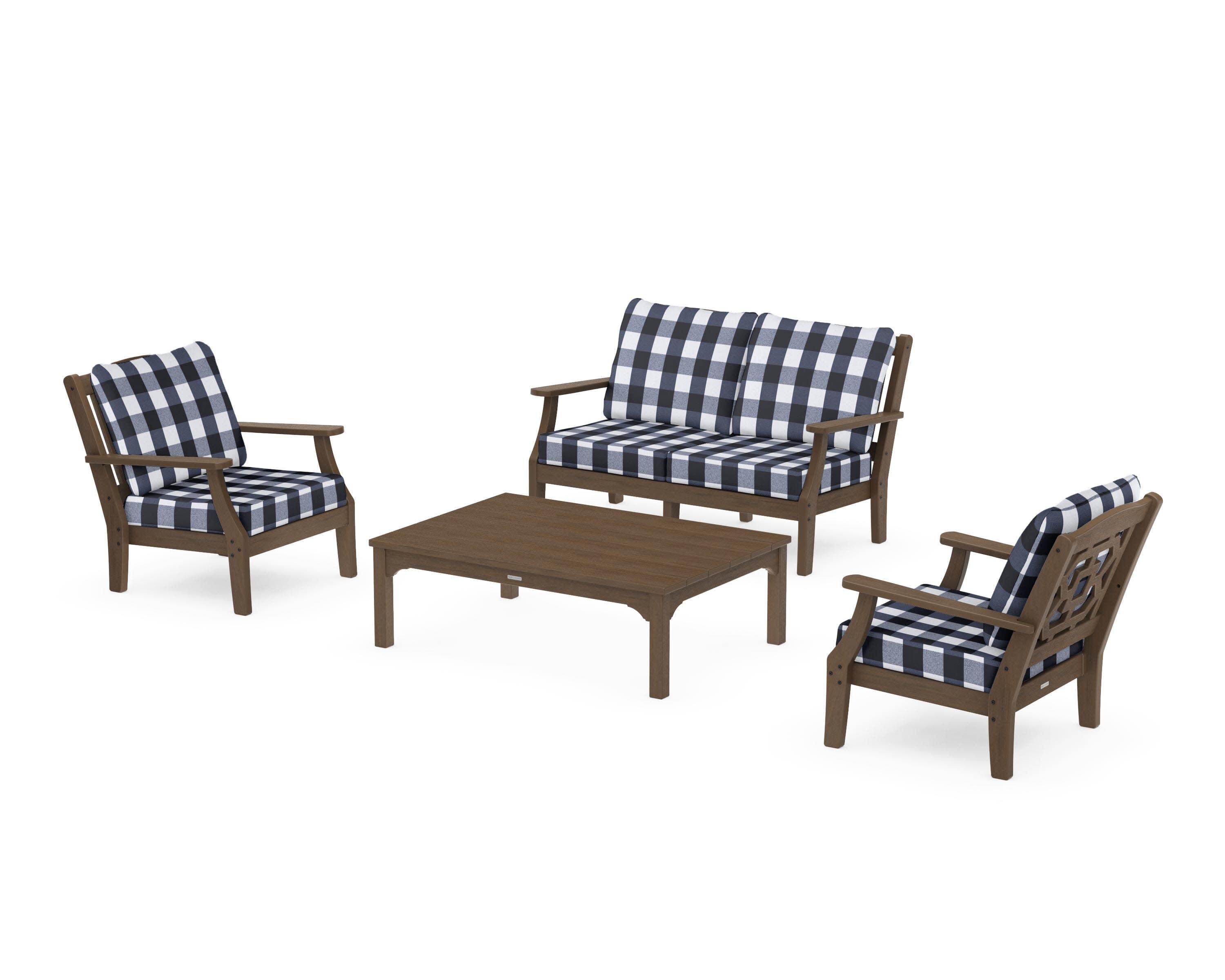 Chinoiserie 4-Piece Deep Seating Set with Loveseat in Kona / Buffalo Plaid Marine Indigo